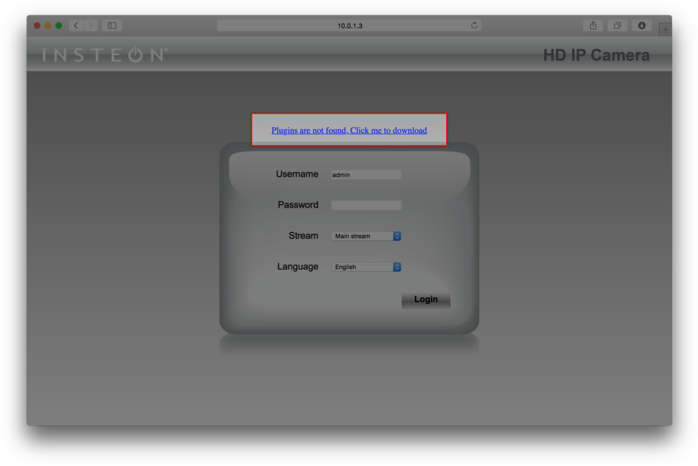 Browser Plugin Error Login Screen PNG — A gray login screen for an HD IP camera by INSTEON shows a red notification that plugins are not found with a download link.