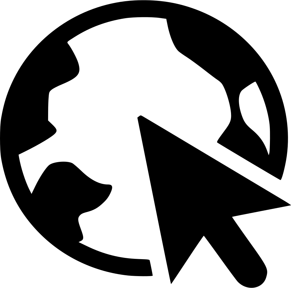 Black globe icon with a pointing cursor arrow on white background
