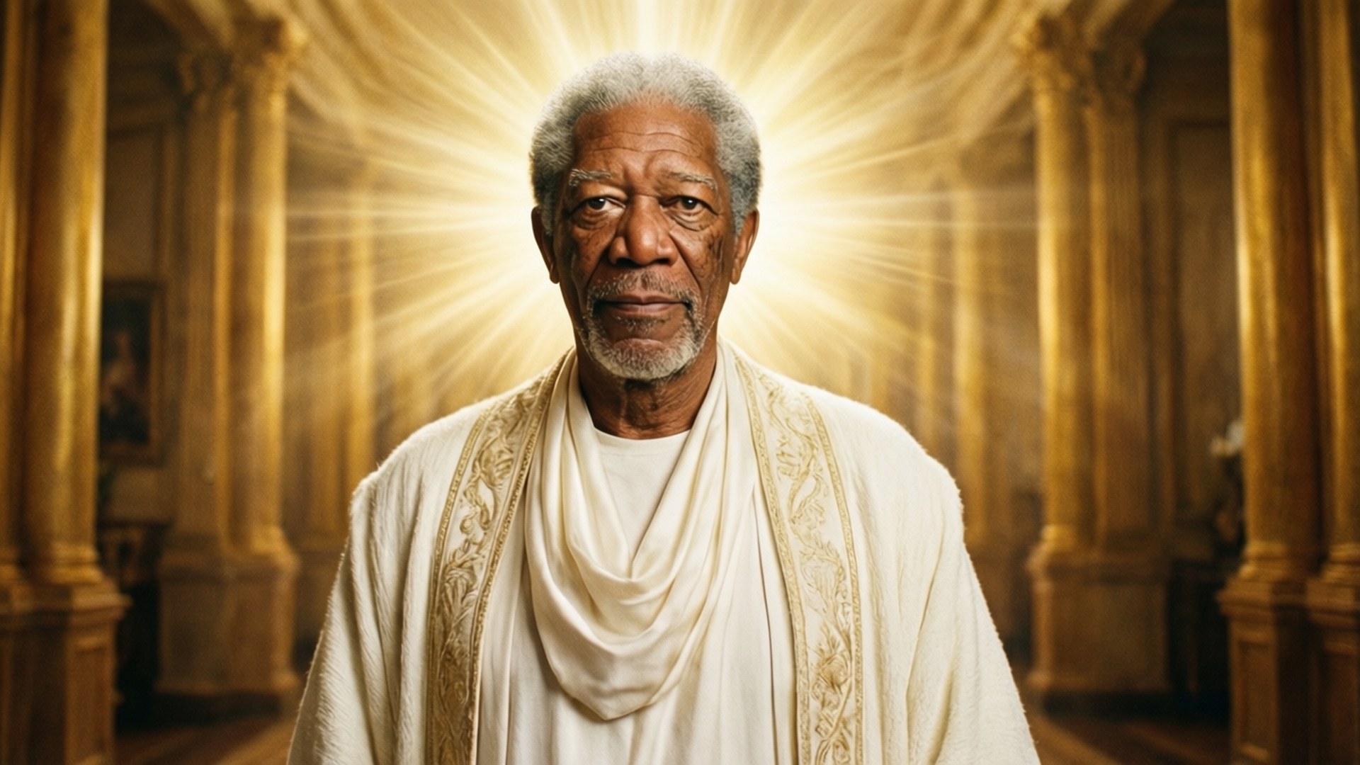 Morgan Freeman as God in Bruce Almighty, white robe, golden hallway, divine light.