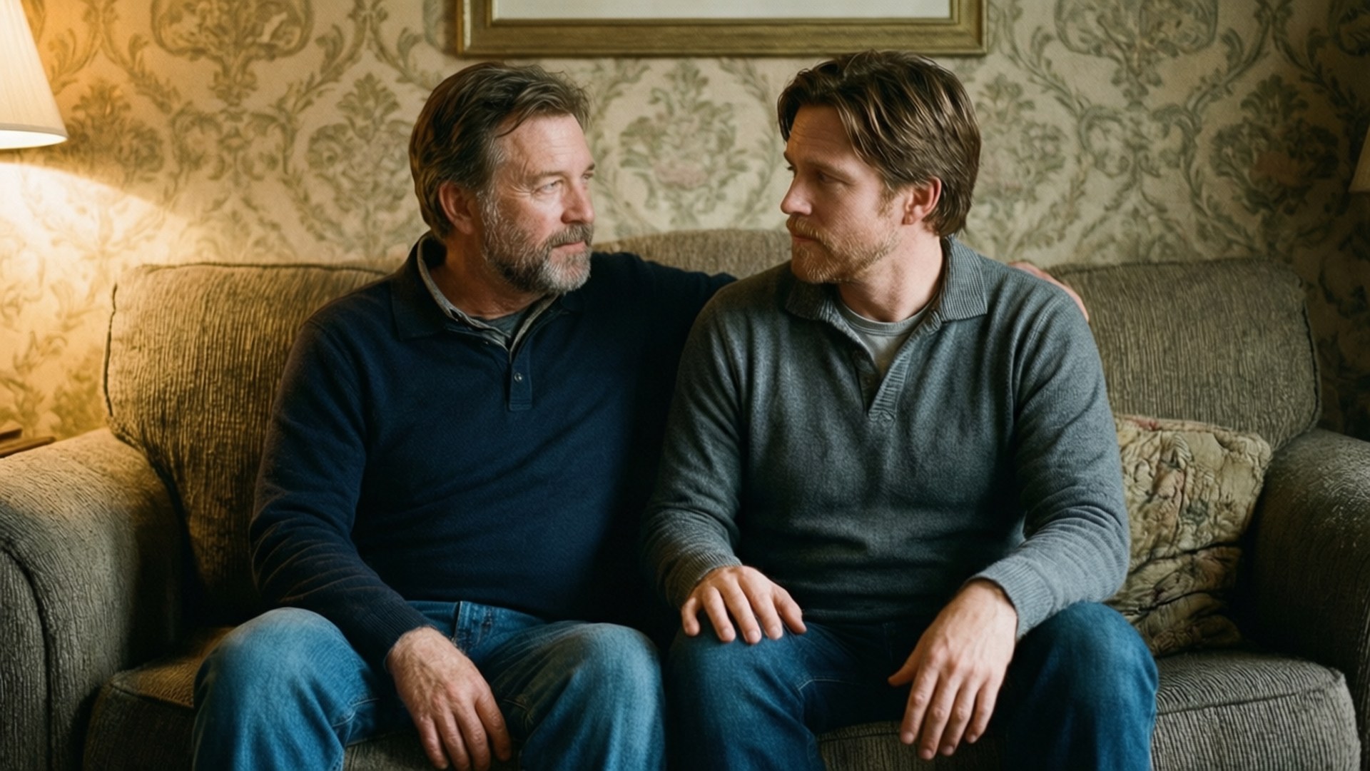 Brotherly Bond Wallpaper — Two men sit close on a textured couch in a warmly lit room with ornate wallpaper and a lamp casting soft glow.