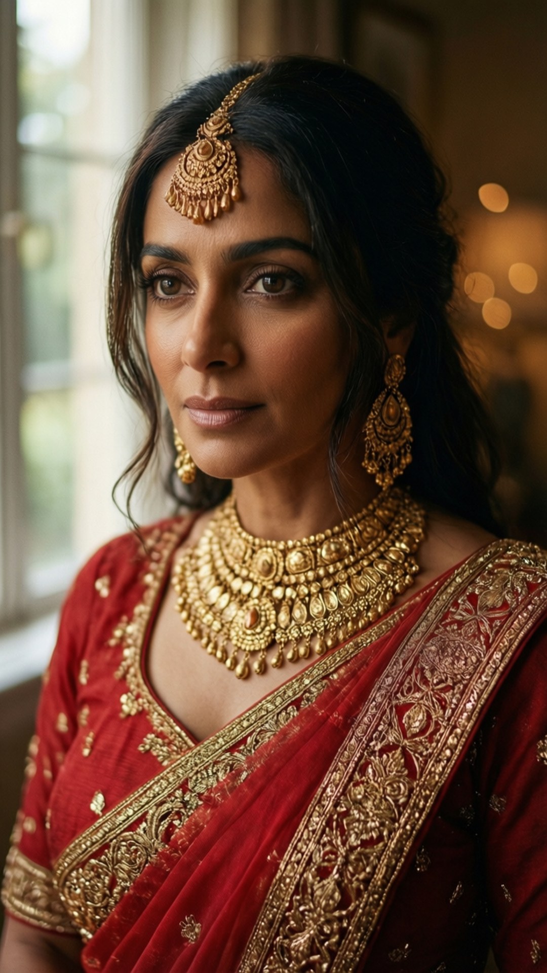 Bridal Elegance Wallpaper — A woman in a rich red sari with gold embroidery and heavy gold jewelry gazes softly at the camera near a window.