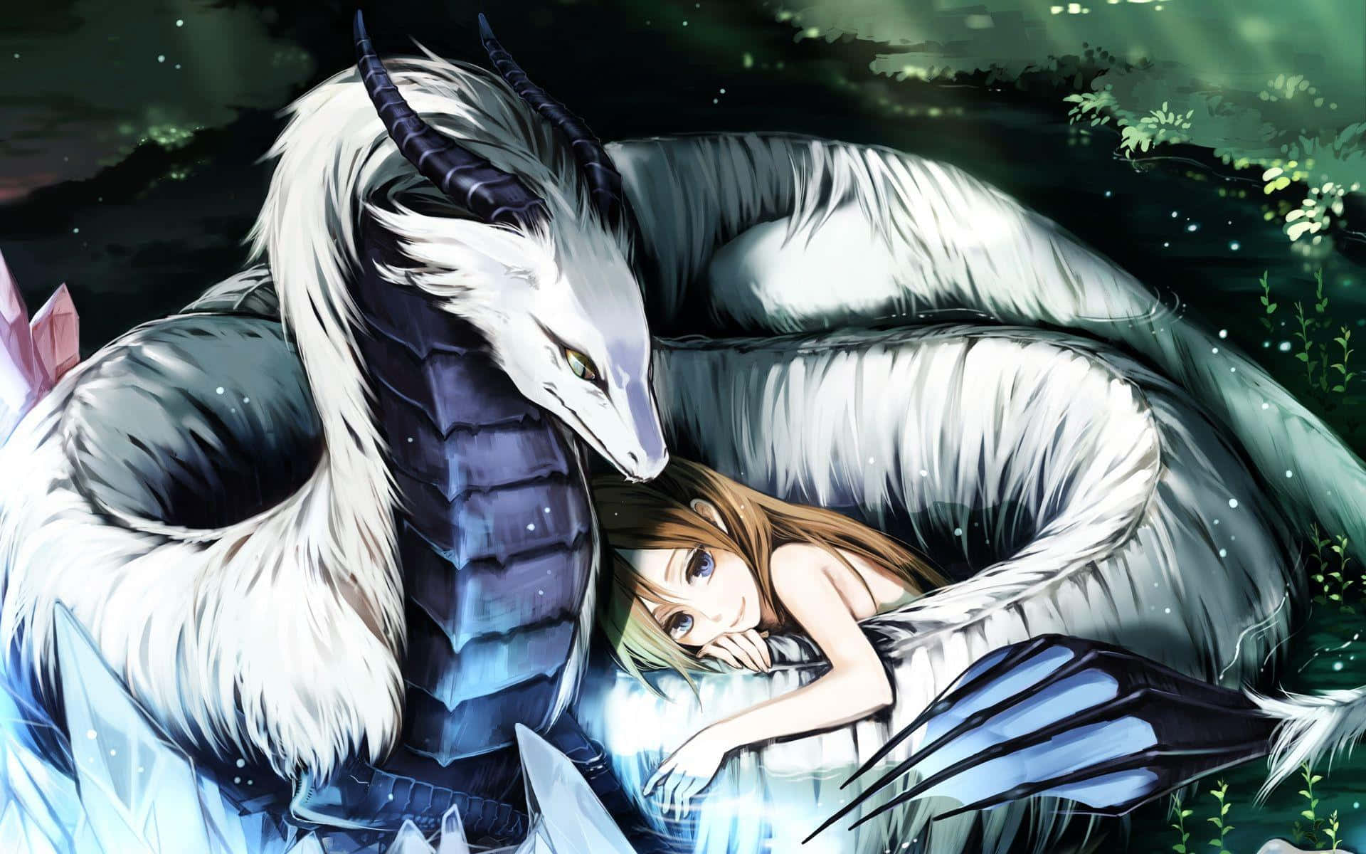 Brunette Girl Cuddling With A White Dragon Anime Wallpaper
