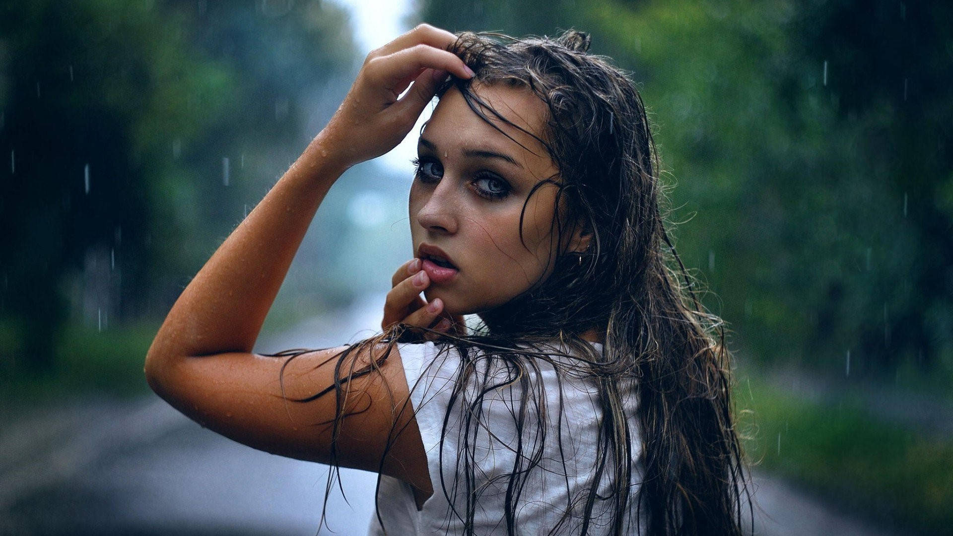 Brunette Girl Sad Eyes In The Rain Wallpaper