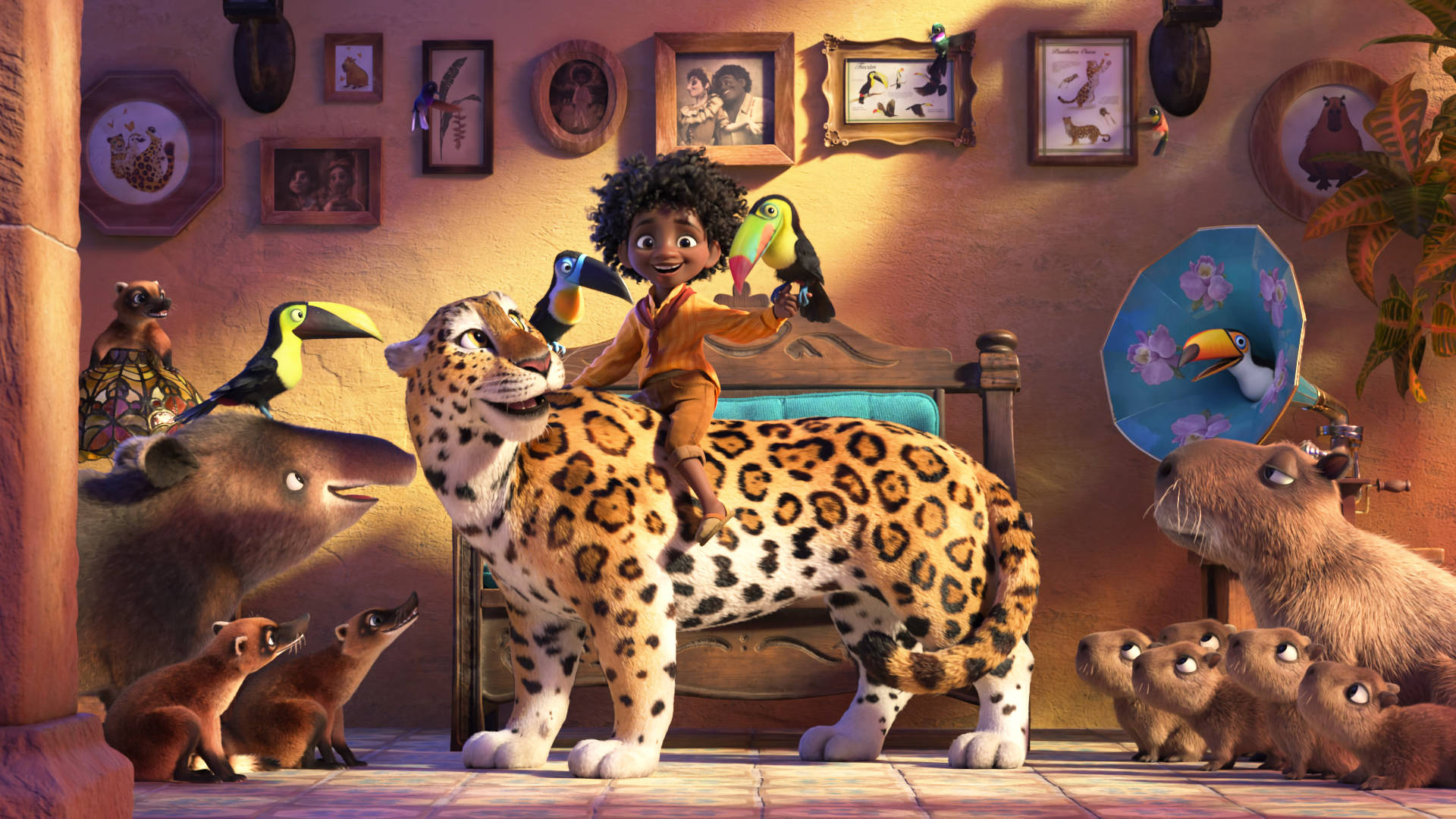 En pige sidder på en leopard med andre dyr Wallpaper