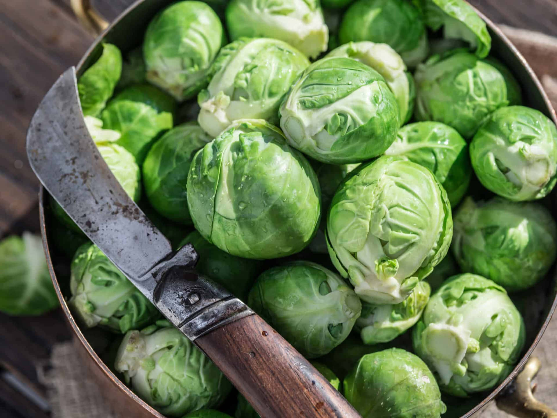 Brussel Sprouts In A Bowl With A Knife