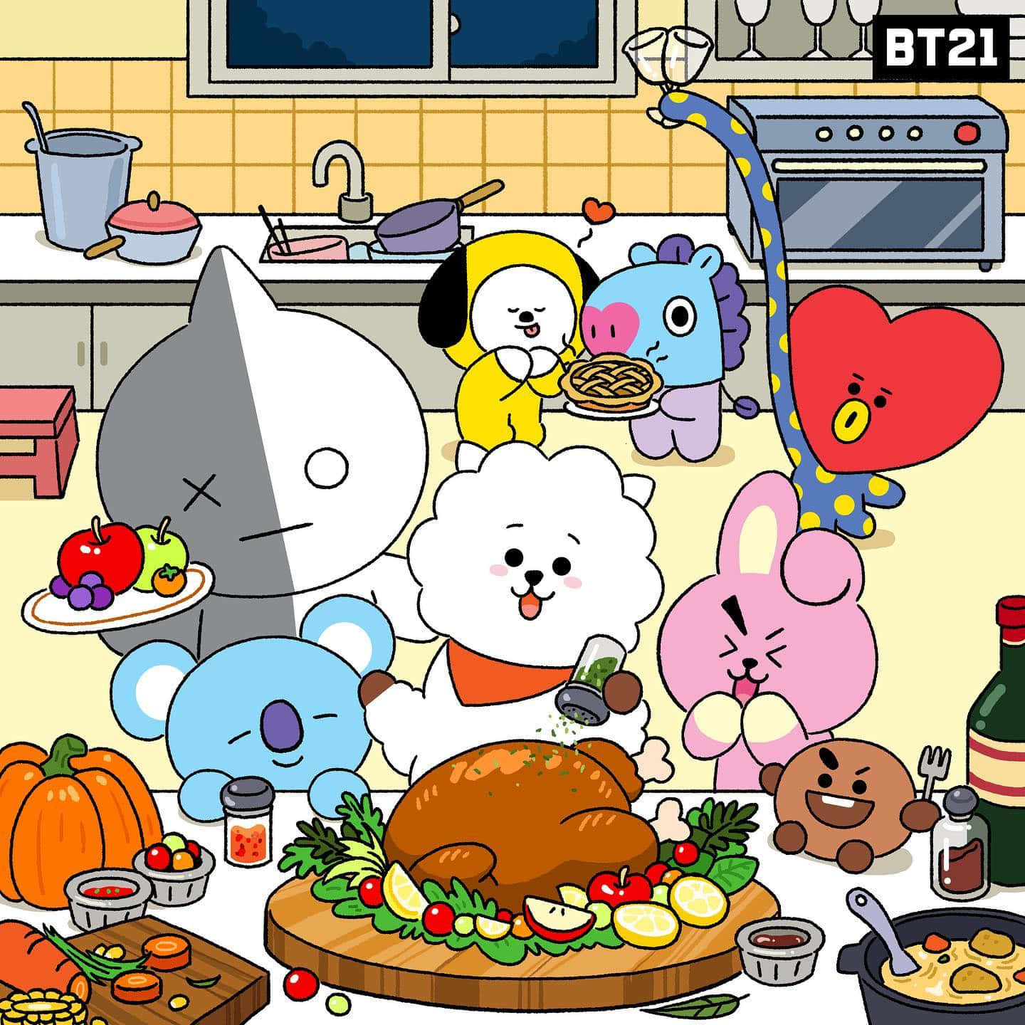 BT21 Characters on a Colorful Universe Background