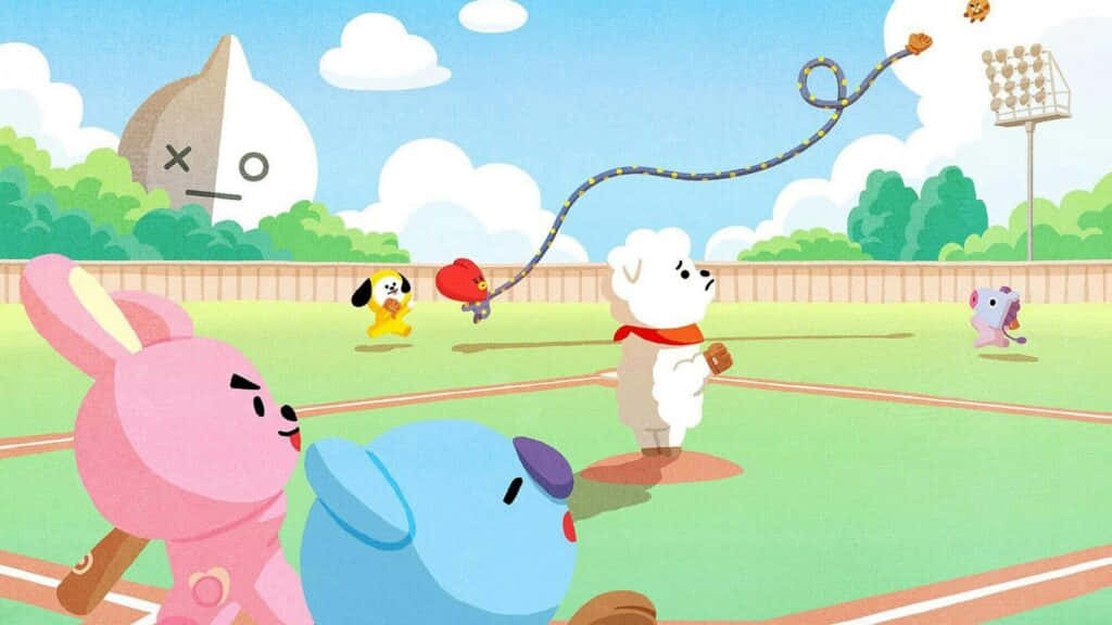 et tegneserie af en baseball kamp med et hold af dyr, der spiller Wallpaper