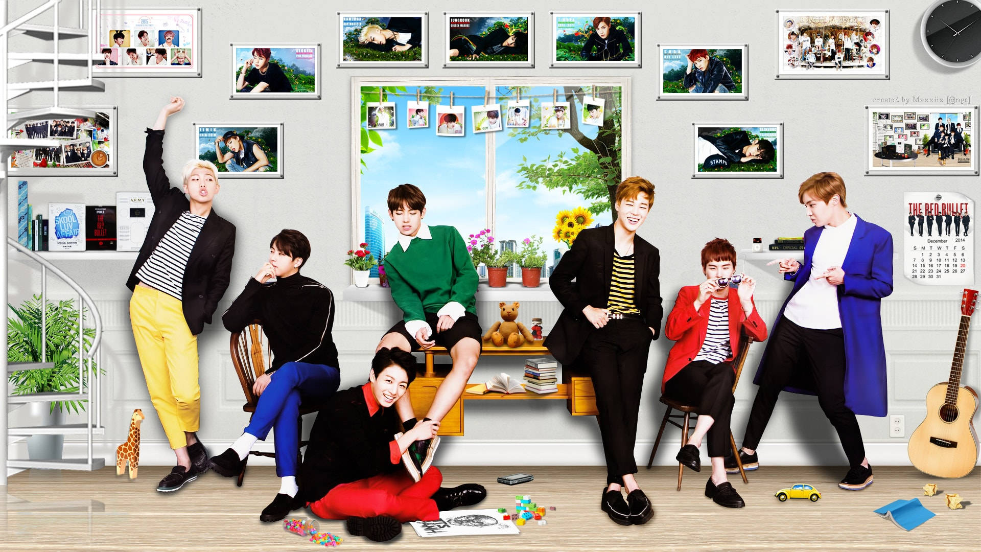 a group of boys sitting in a room with pictures Wallpaper