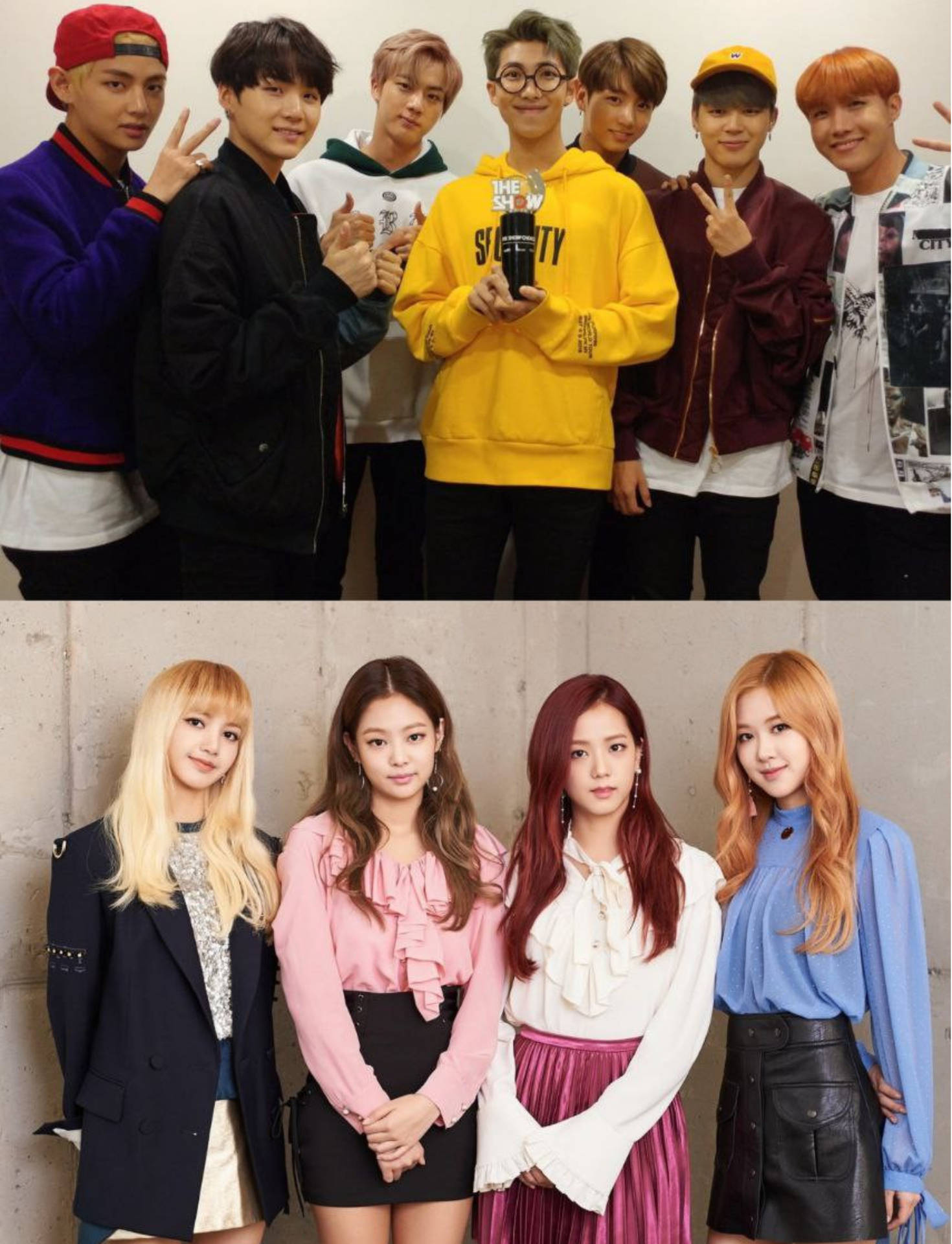 Bts And Blackpink Standing In Group Photos Wallpaper