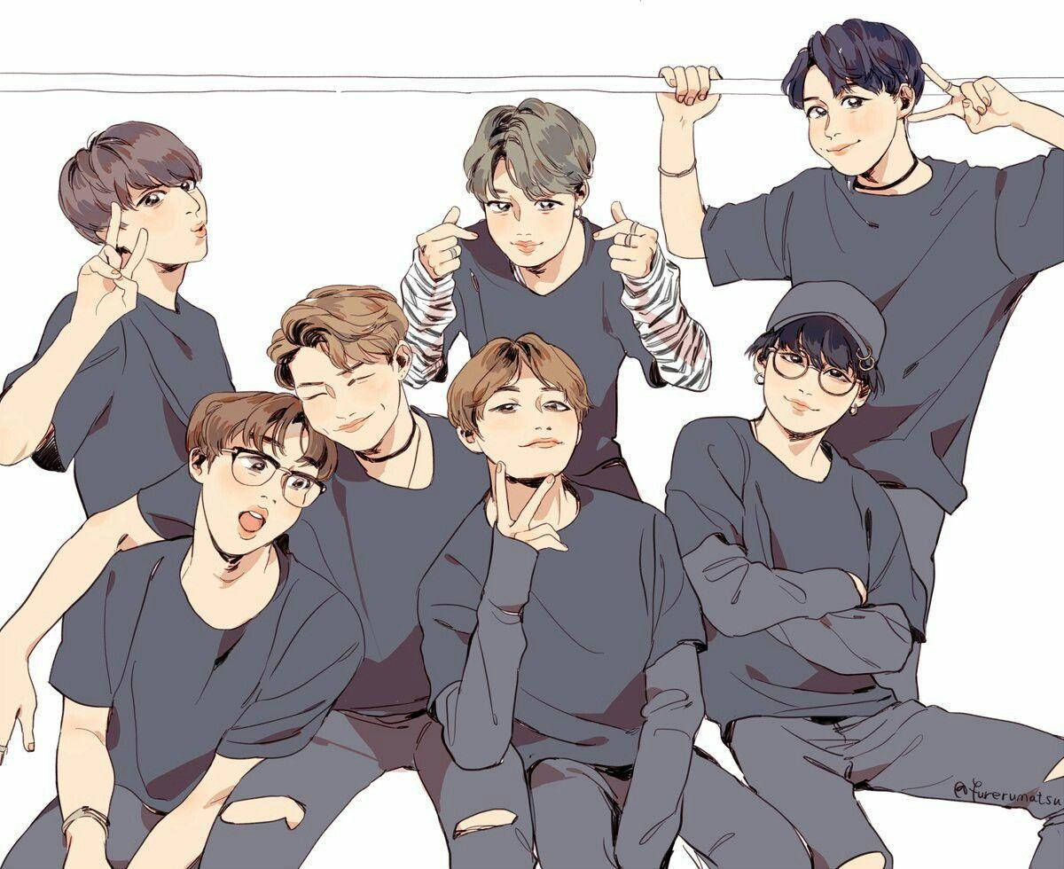 Bts Anime In Gray Shirts Background