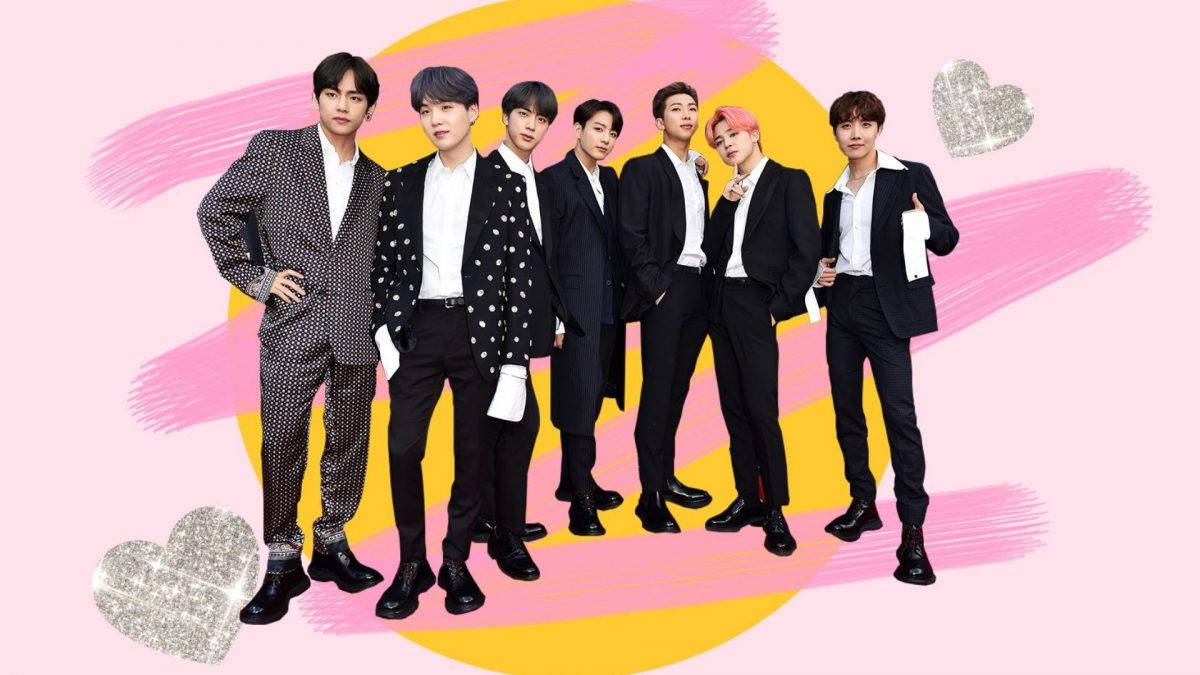 Bts Group Against Cute Pink And Yellow Brush Backdrop Background