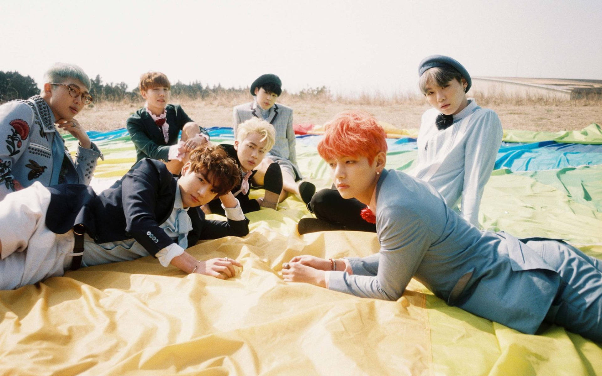 BTS Group Photo In Field Wallpaper