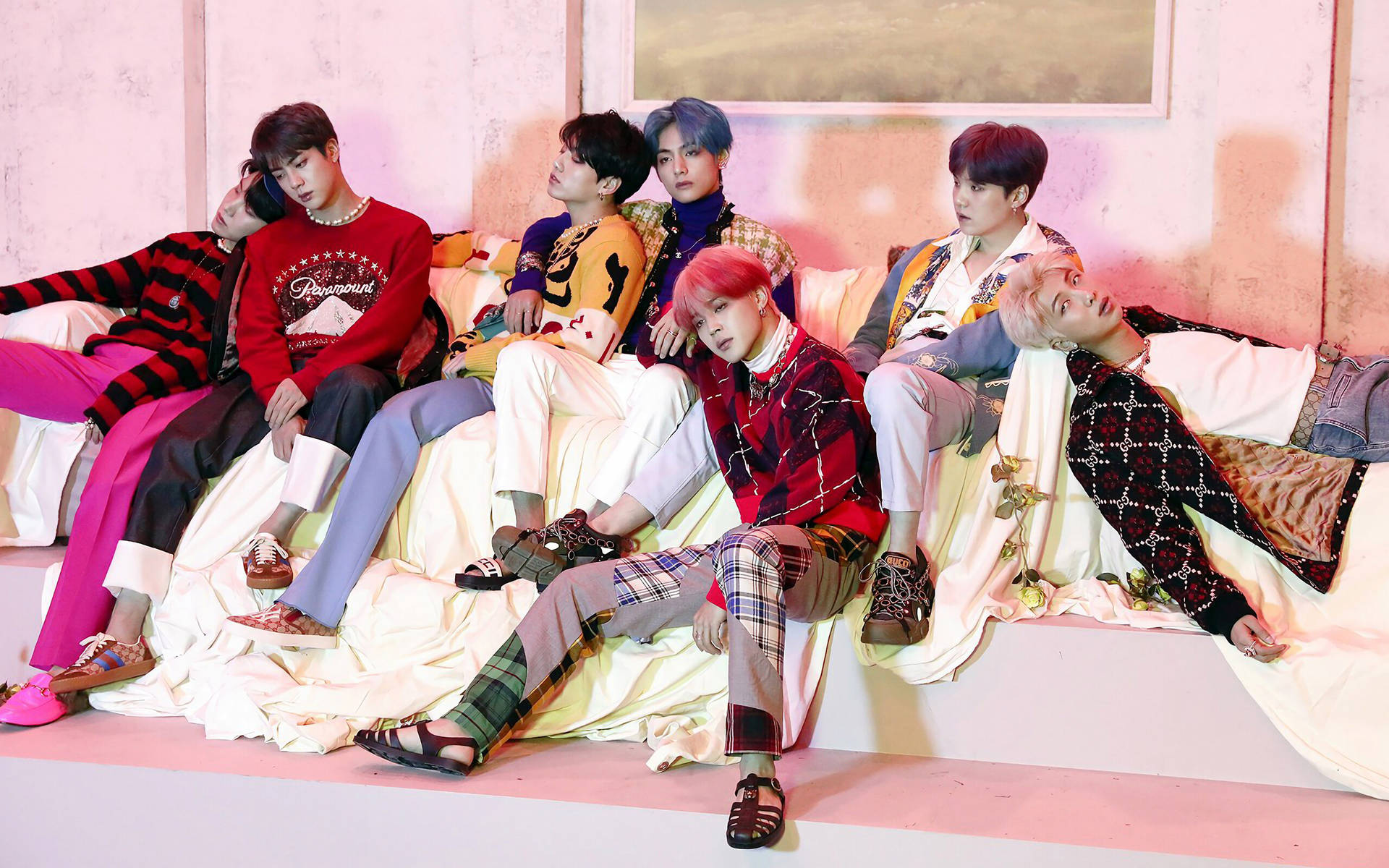 BTS Group Photo In Living Room Wallpaper