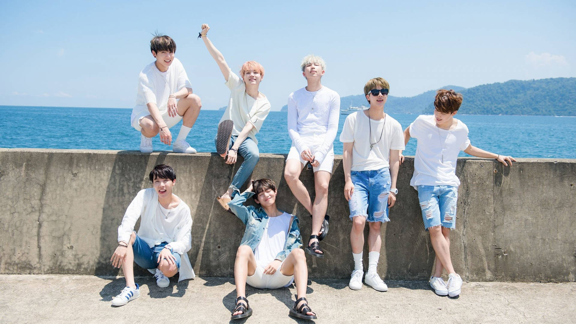 BTS Group Photo Near Ocean Wallpaper