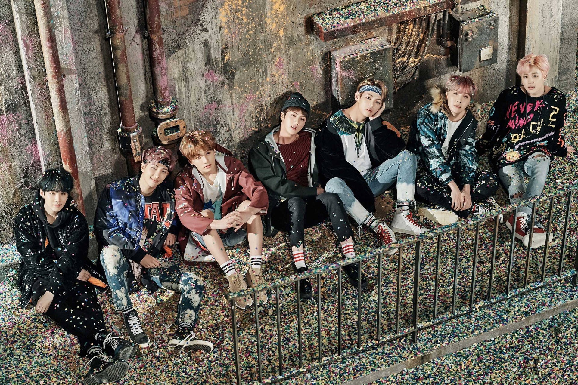 Bts In Alleyway With Confetti Laptop Wallpaper