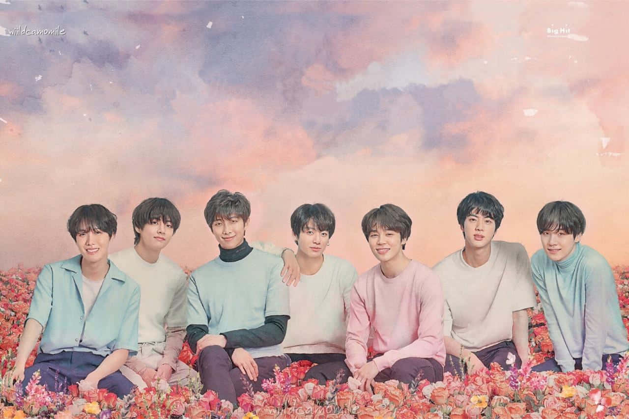 "A pink aesthetic summer desktop background themed after the globally successful music group BTS" Wallpaper