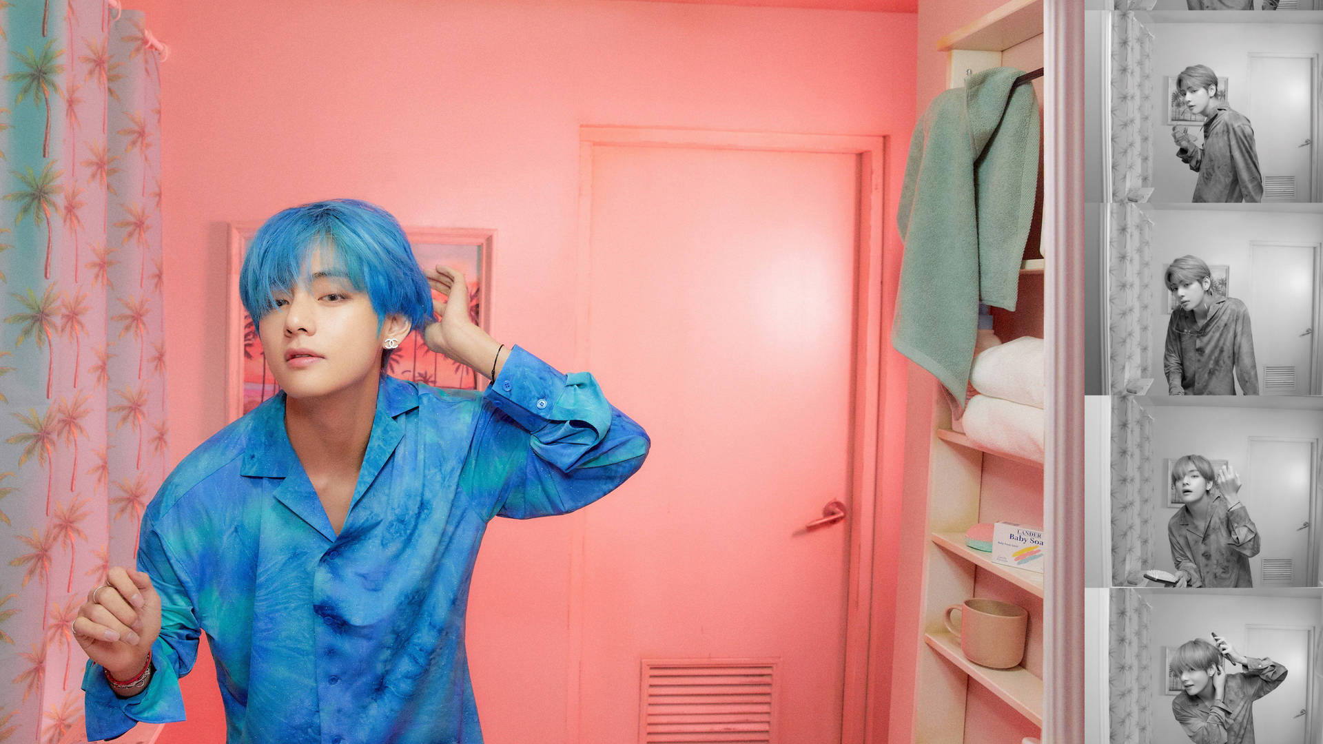 BTS Tae Hyung i pink badeværelse tapet Wallpaper