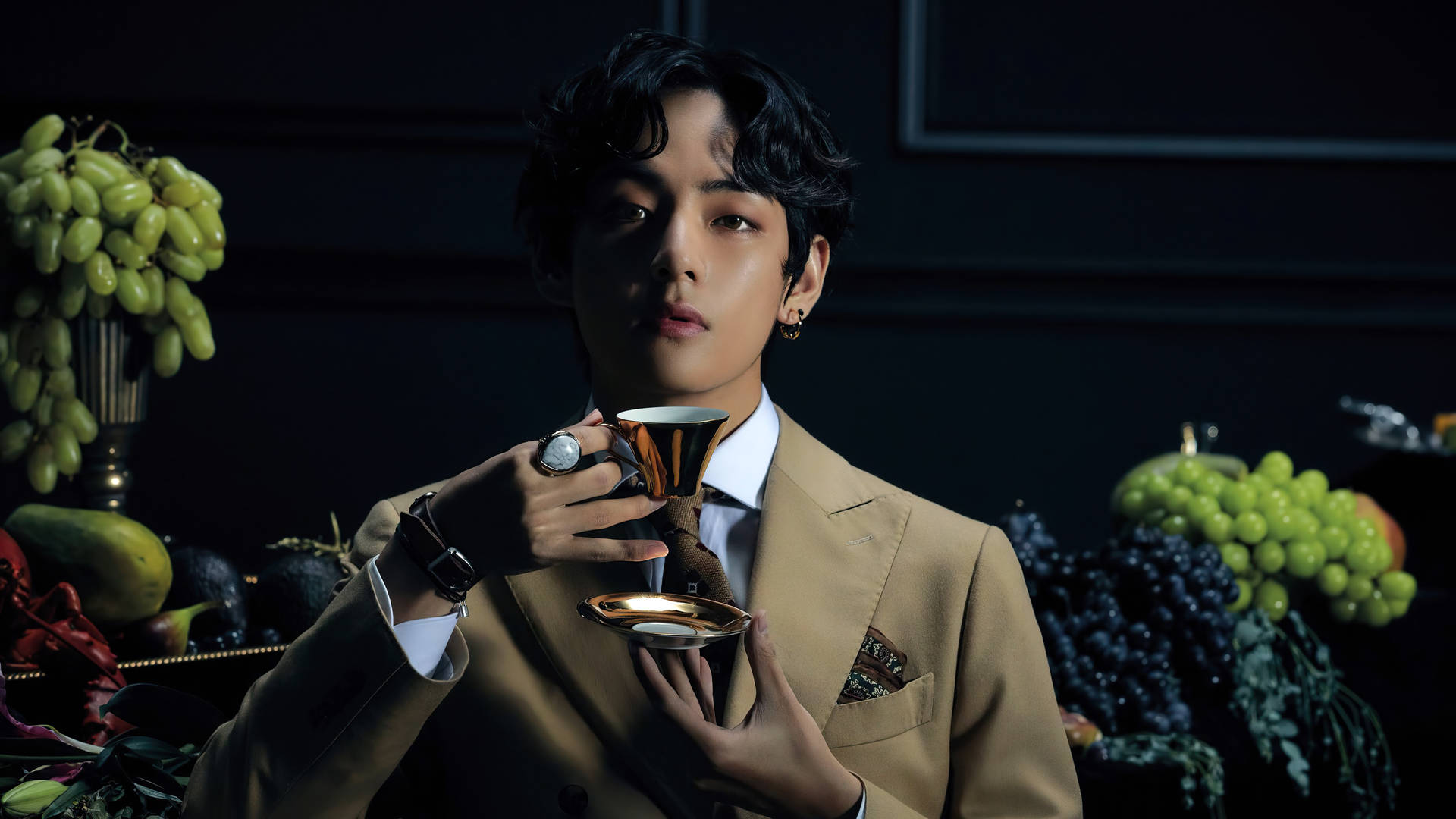 BTS Tae Hyung Sipping Tea Wallpaper
