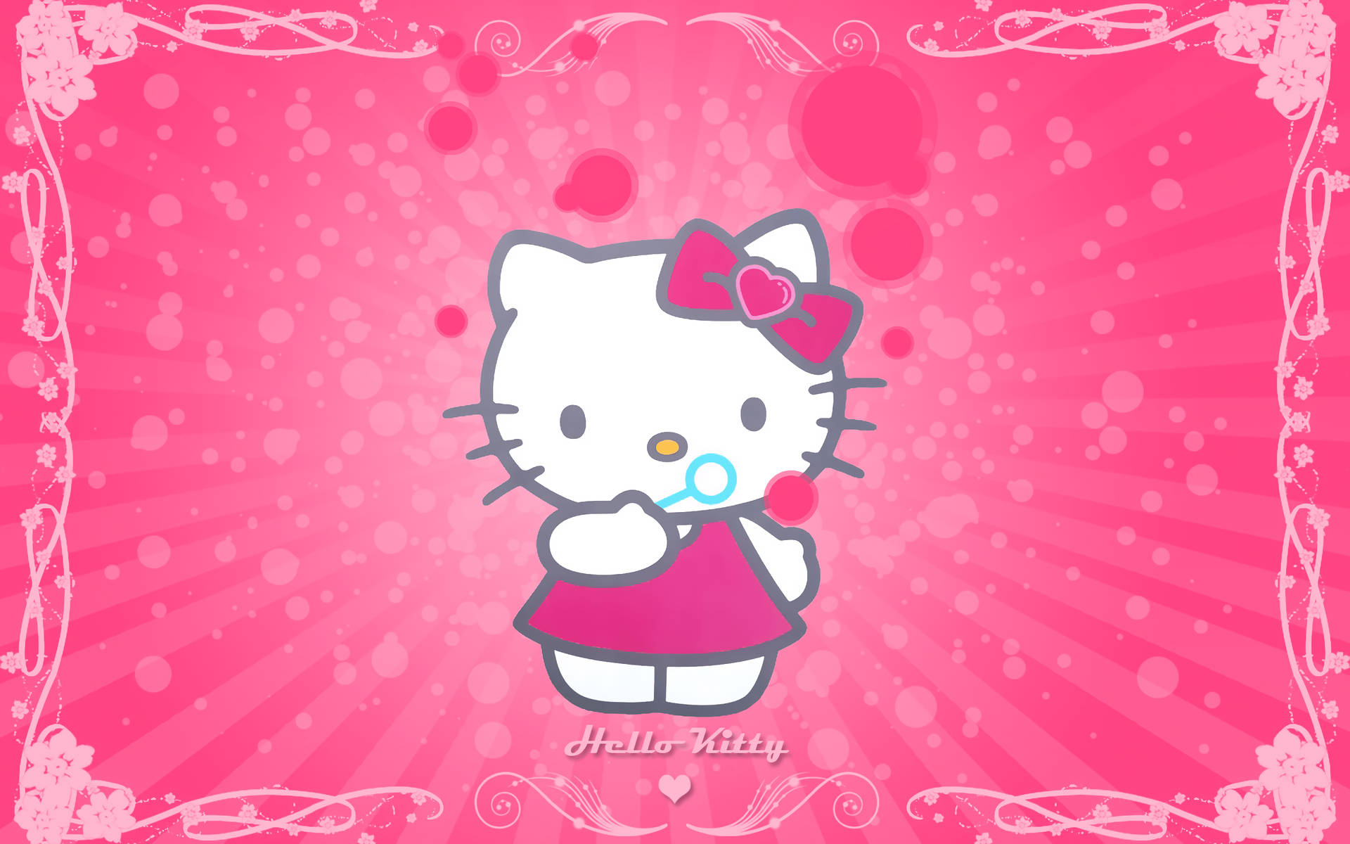 Bubble Trouble Wallpaper — Hello Kitty in pink dress holding lollipop against radiant pink background with floral border.