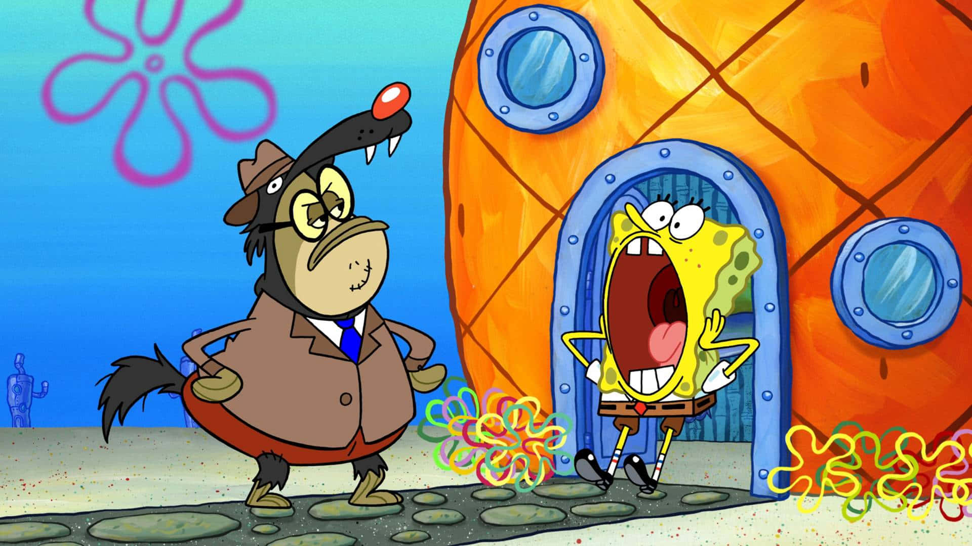 Bubblebass, El Notorio Personaje De Spongebob, Disfrutando Con Alegría De Una Krabby Patty En El Crustáceo Cascarudo. Fondo de pantalla