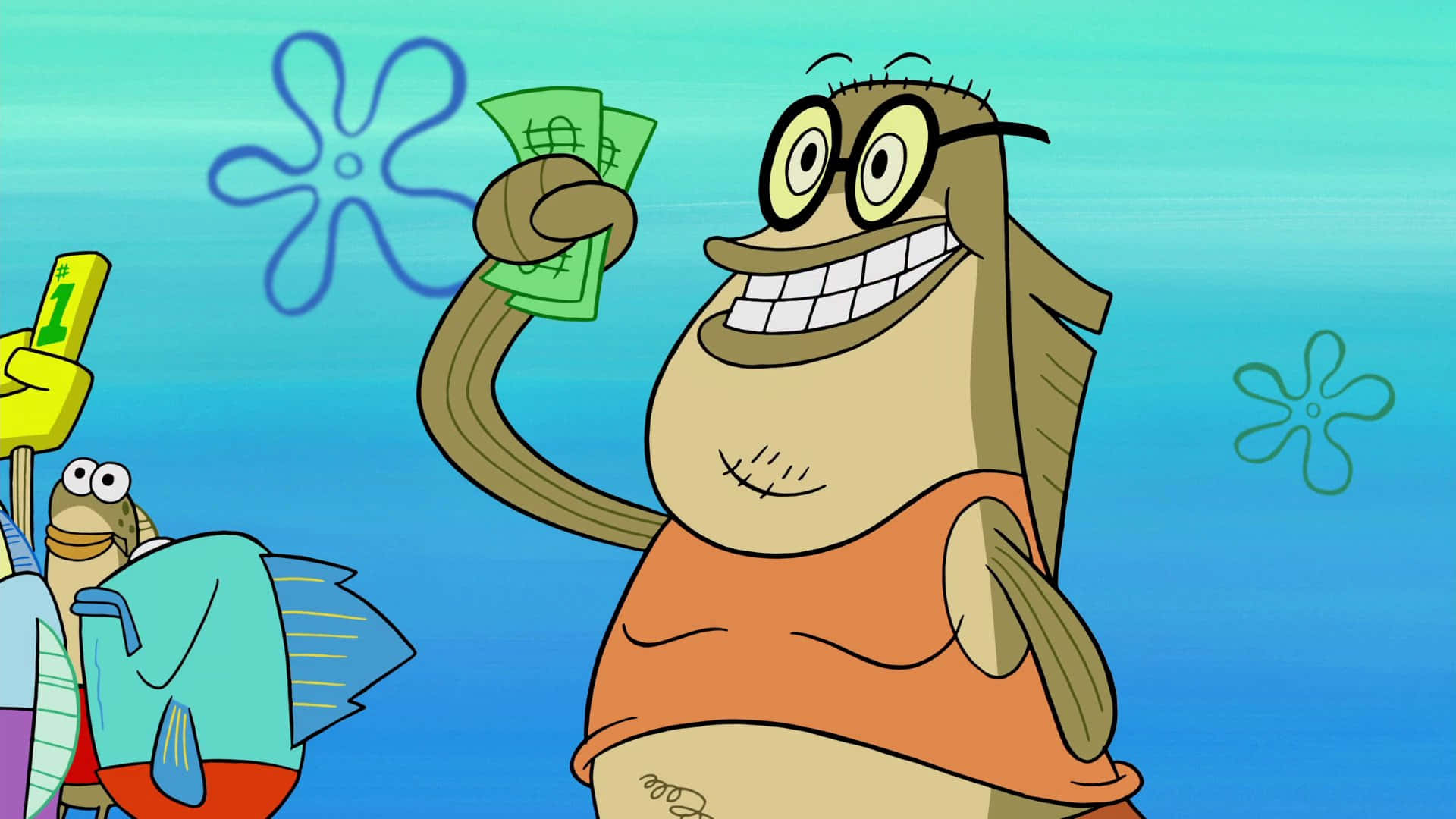 Bubblebass De Spongebob Squarepants Disfrutando De Una Krabby Patty. Fondo de pantalla