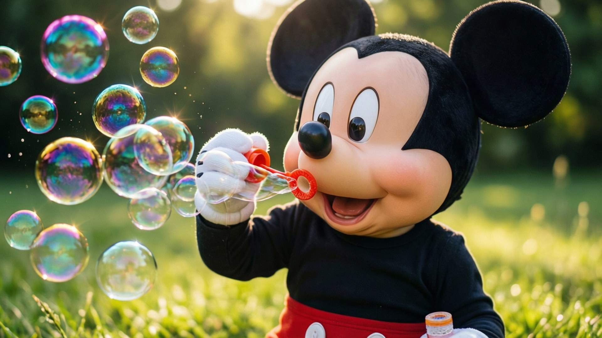 Baby Mickey soffia bolle scintillanti in un campo soleggiato.