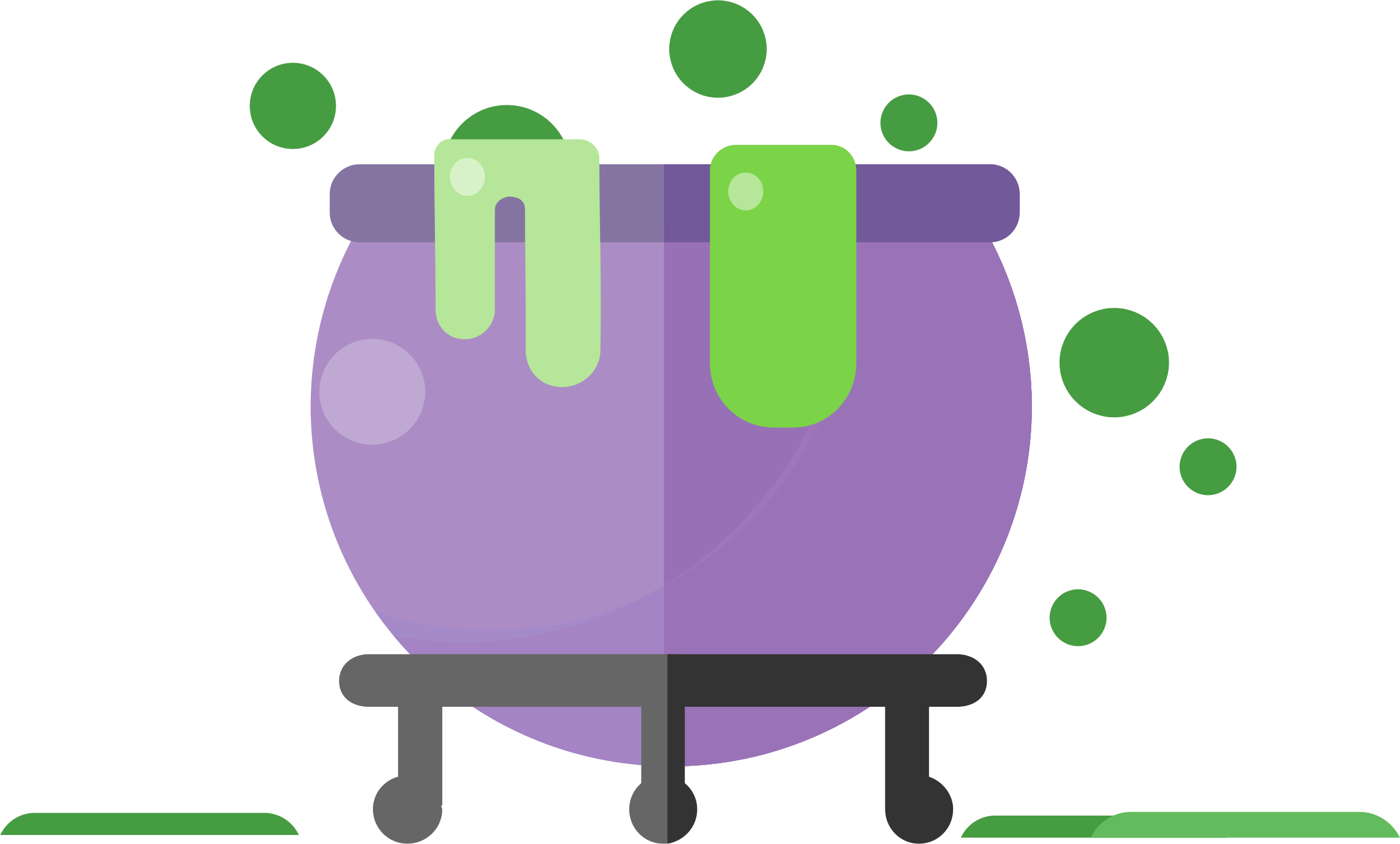 Bubbling Cauldron Vector PNG — A purple cauldron with green bubbling liquid drips down its sides against a black background.