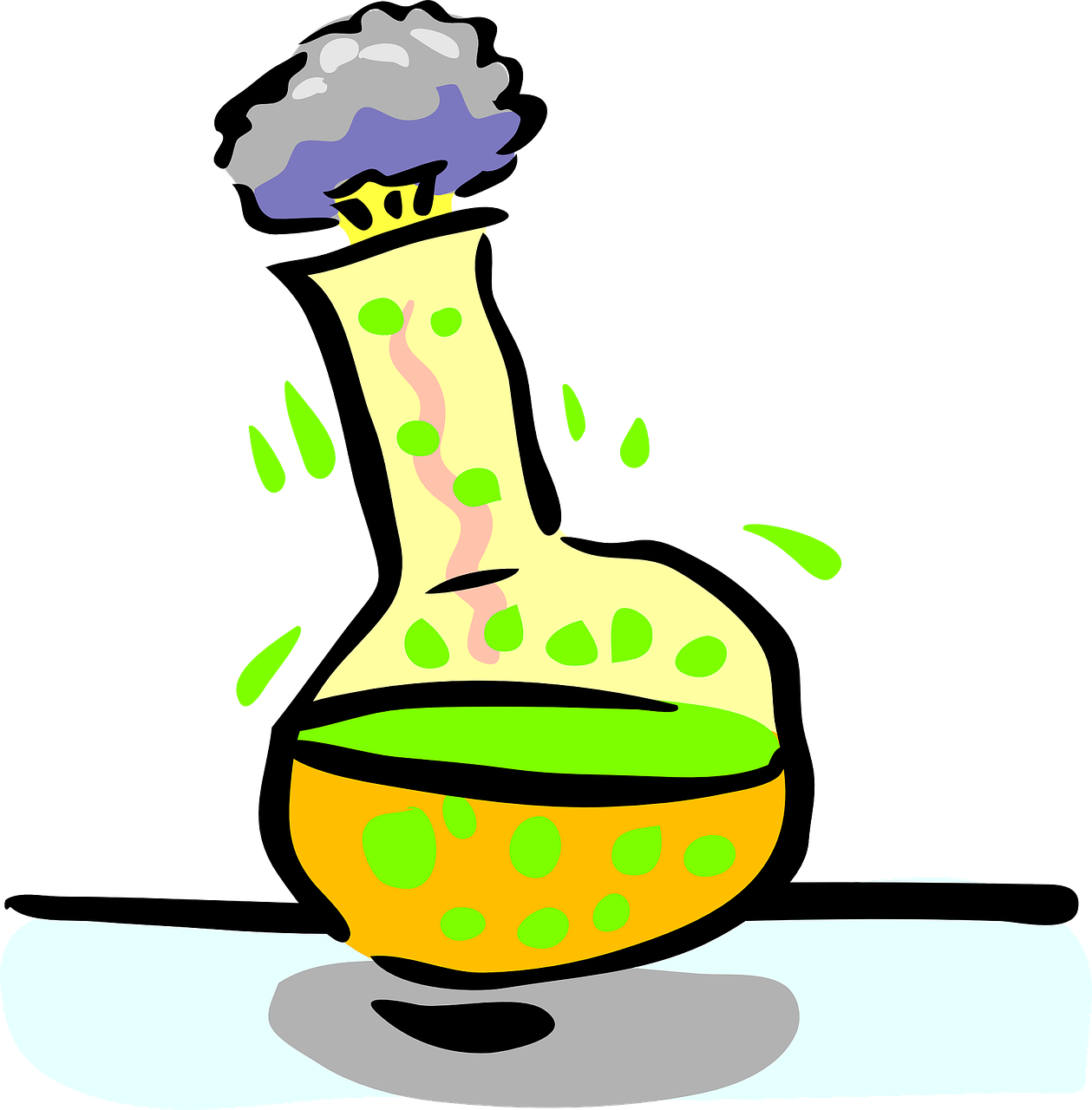 Bubbling Potion Flask PNG — A cartoon beaker erupts with green liquid and purple smoke against a black background.