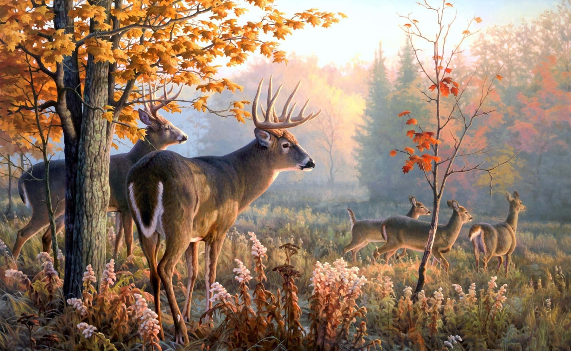A Painting Of Deer In The Woods Wallpaper