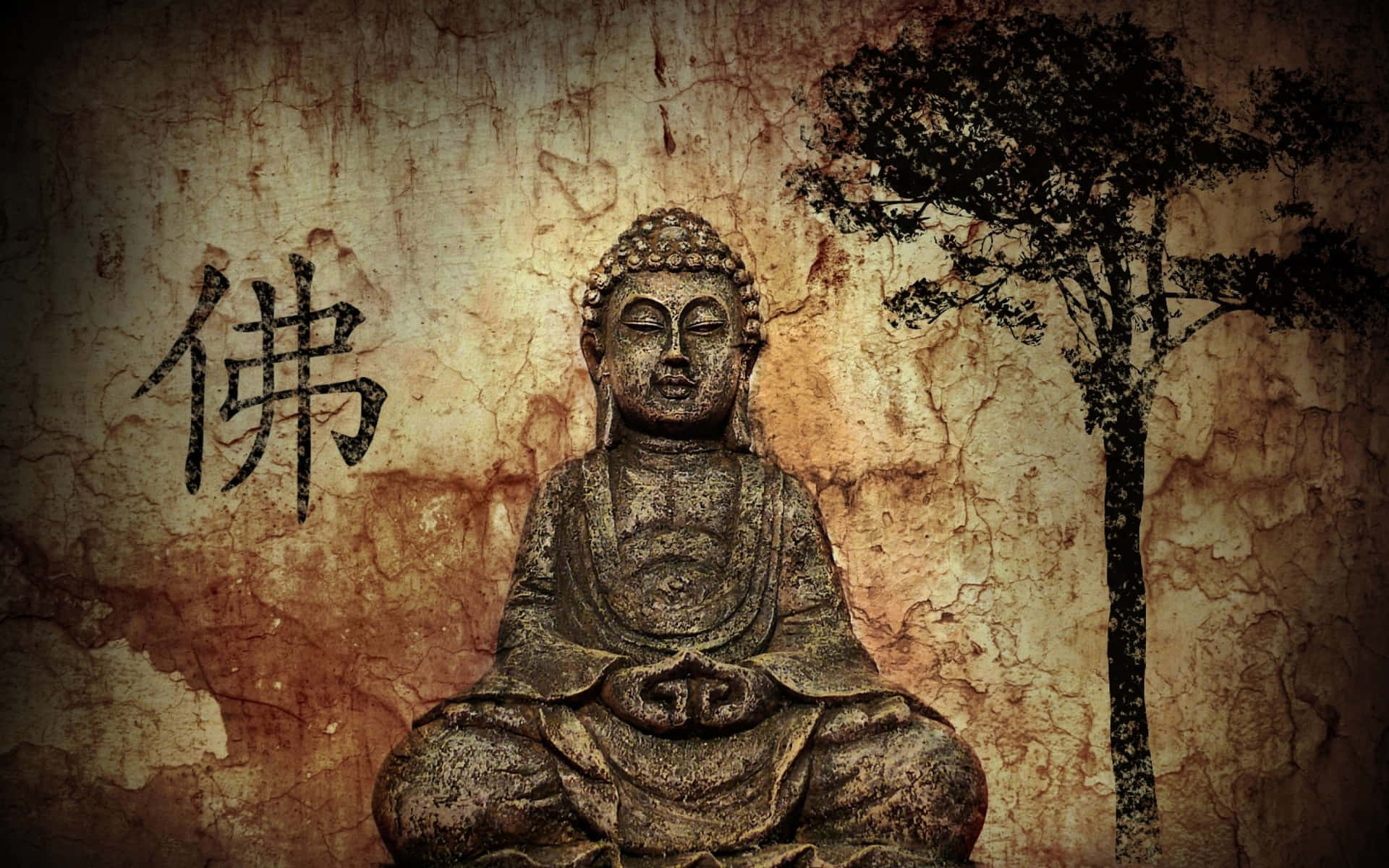 Buddhastaty Med Träd Och Kinesisk Skrift