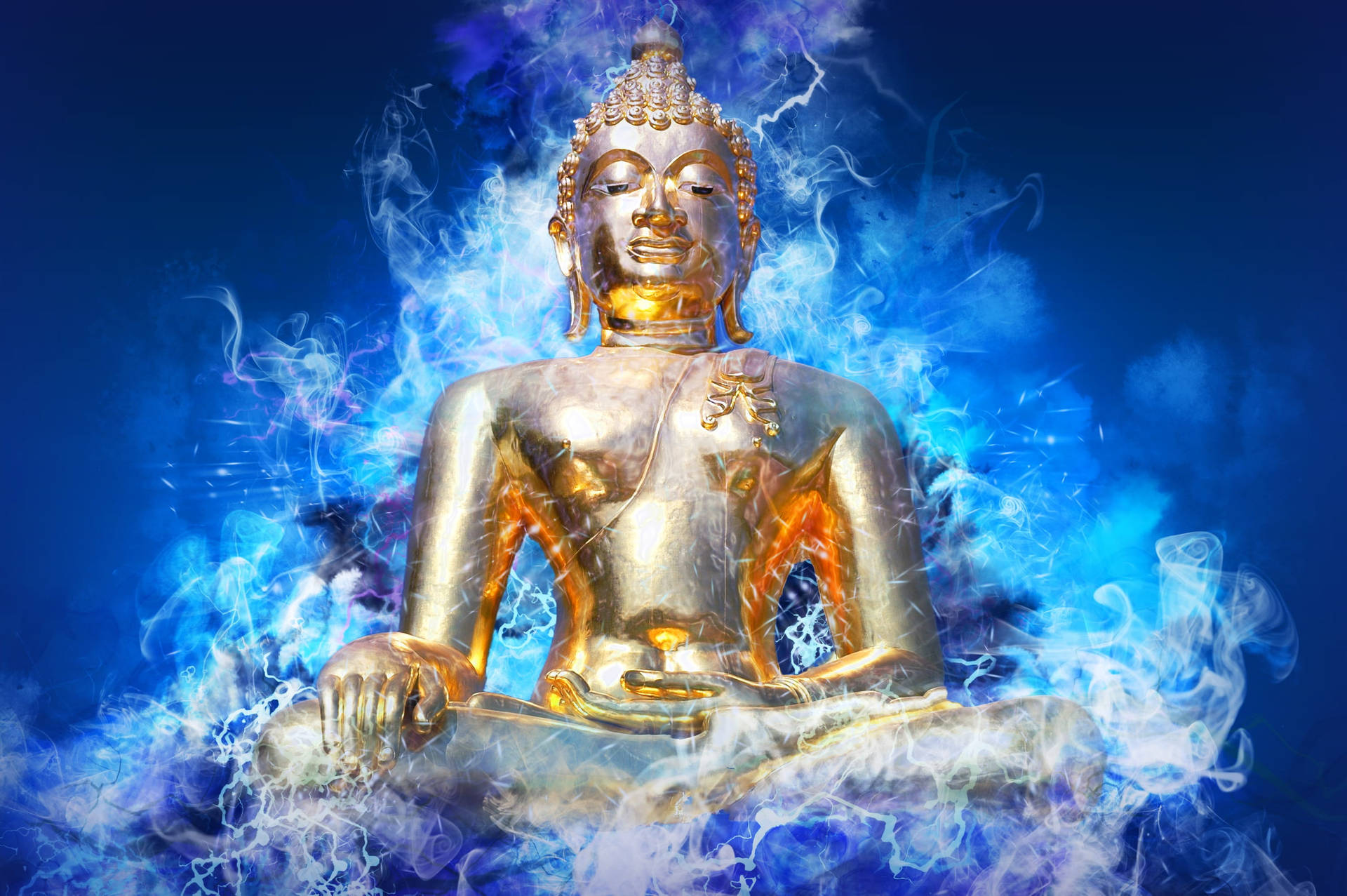 Buddhadesktop Mit Abstrakten Blauen Flammen Wallpaper