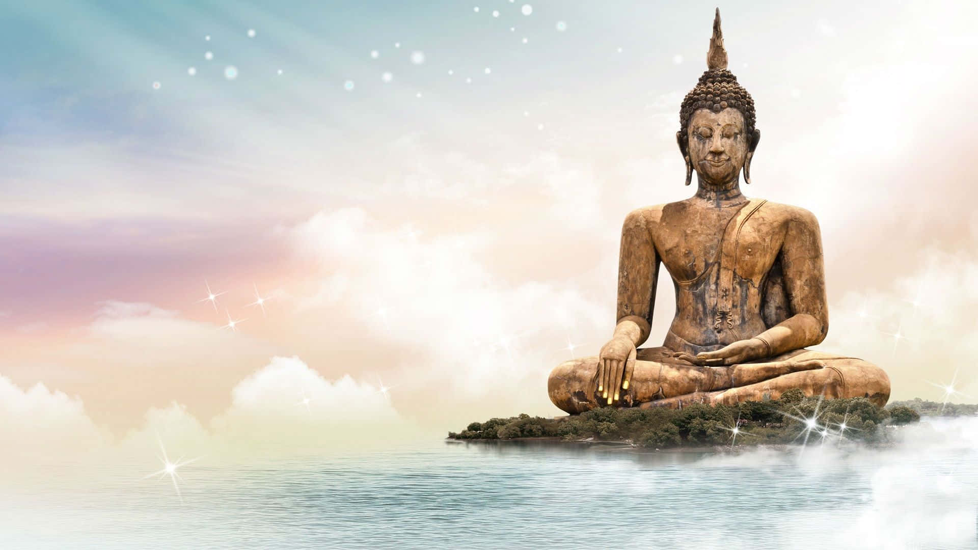 A Statue Of Buddha Sitting On An Island In The Water