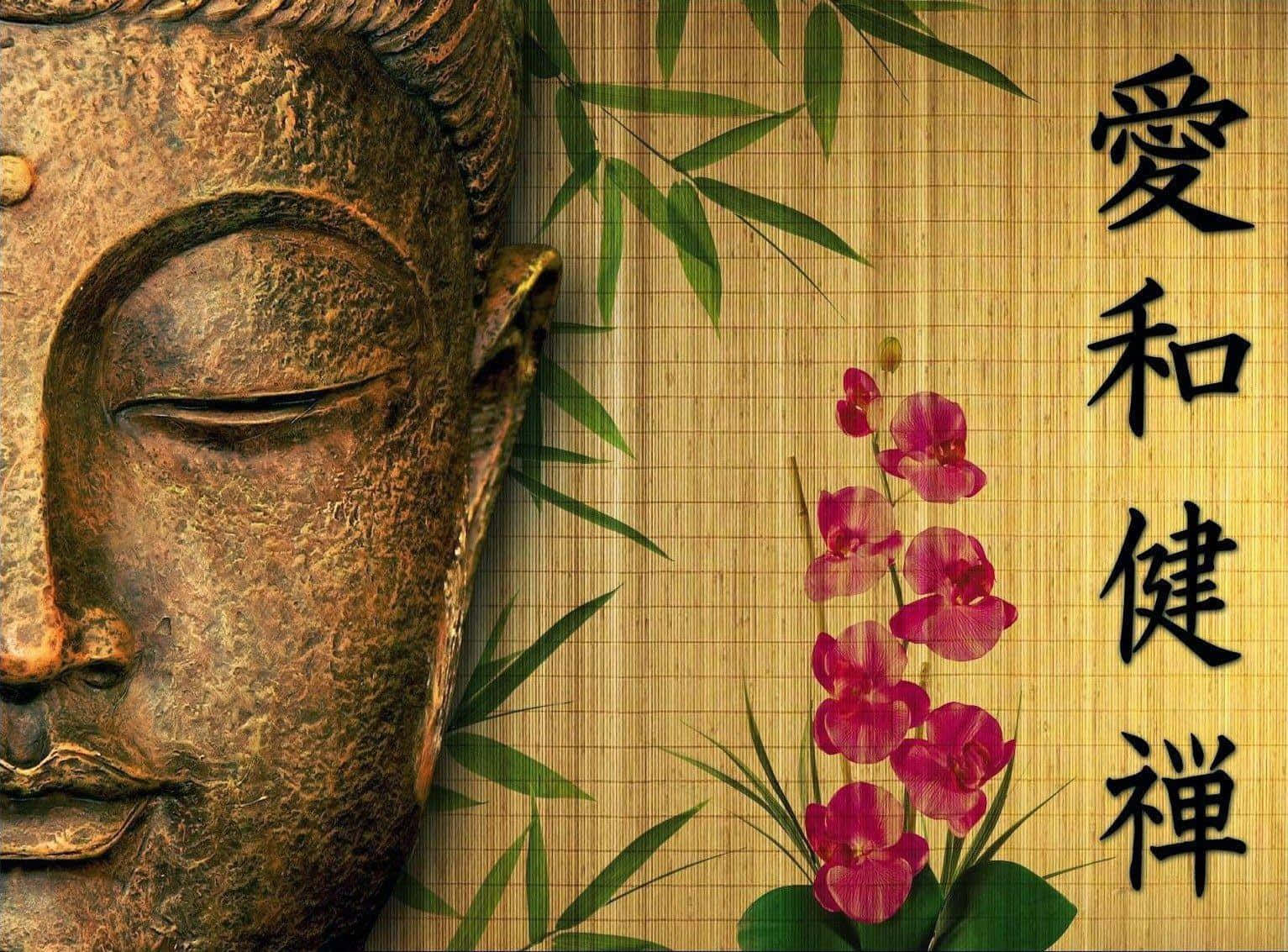 Unaestatua De Buda Con Flores Y Bambú