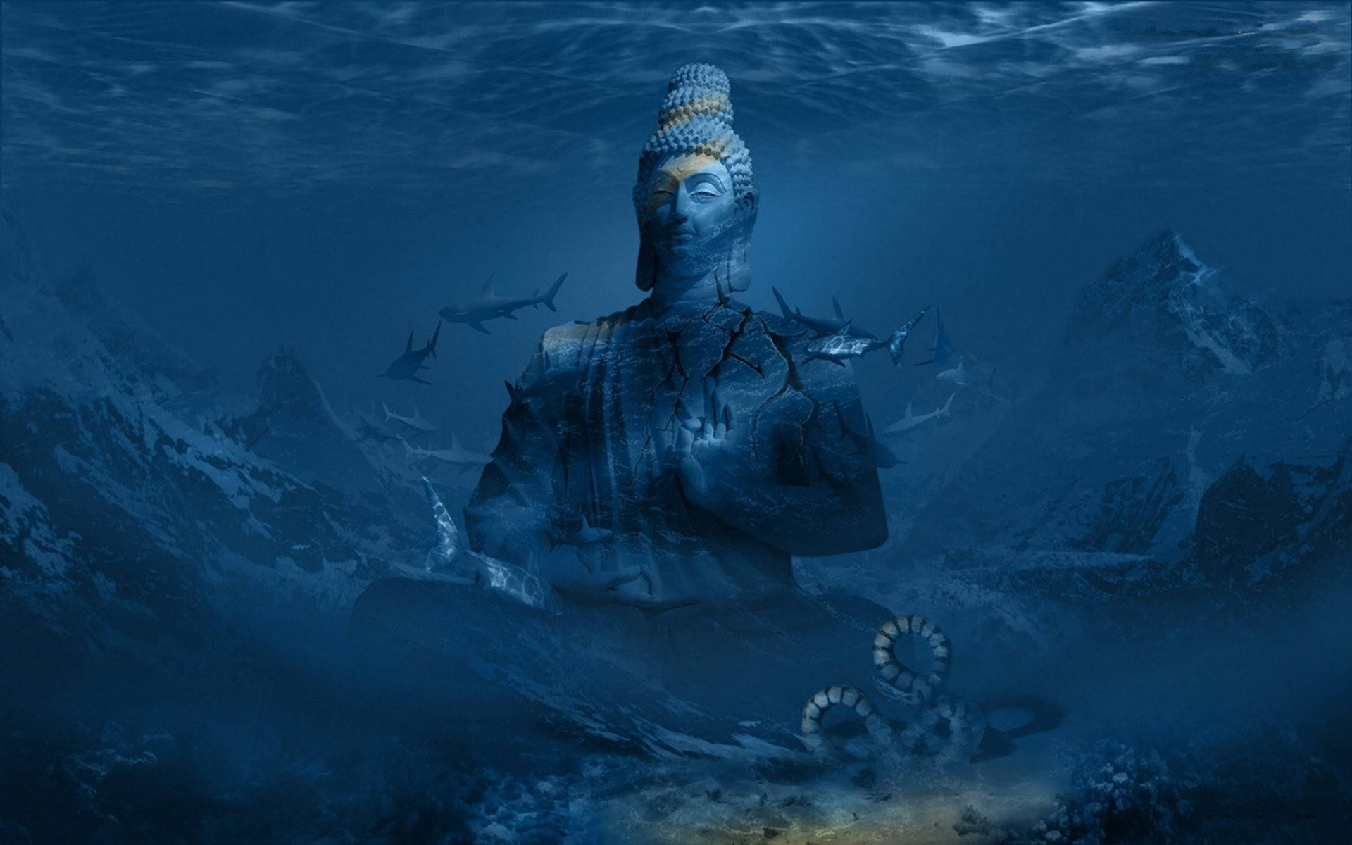 Buddha Sculpture Underwater Photoshop Hd Wallpaper