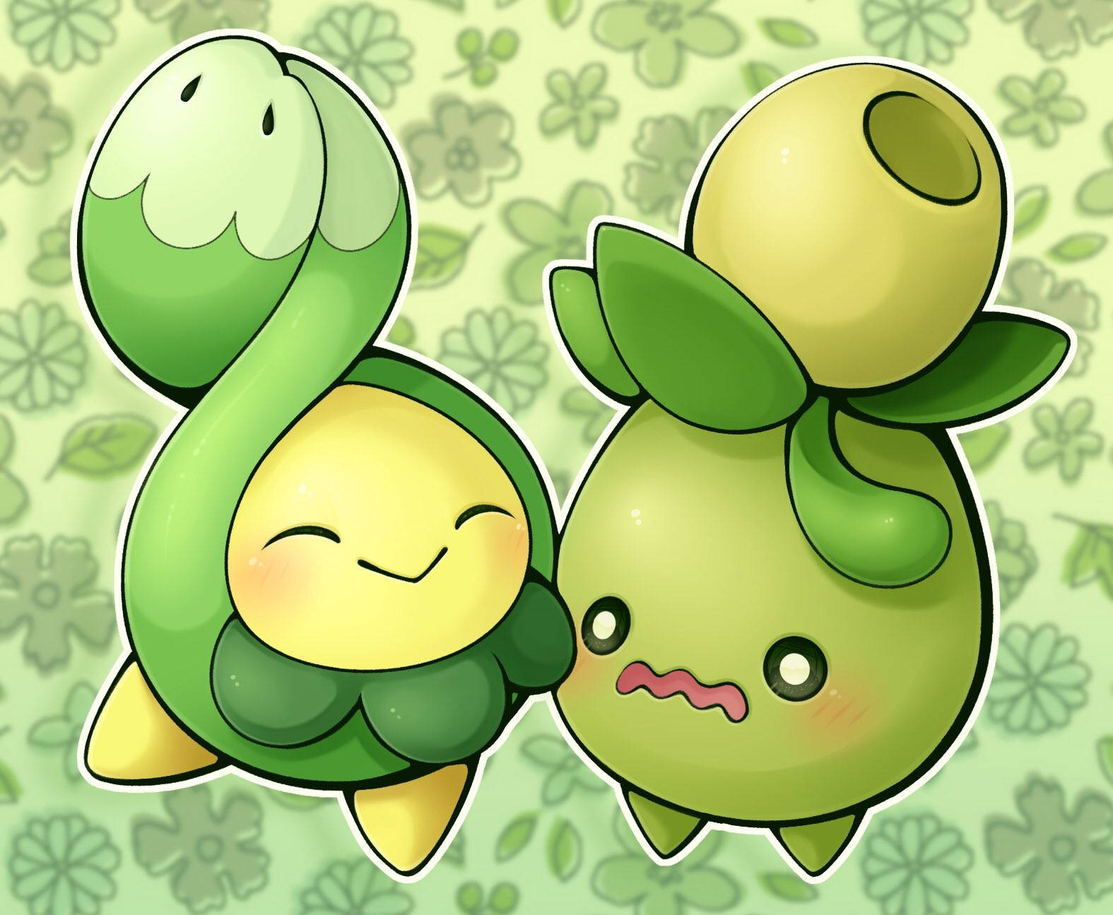 Budew With Smoliv Against Floral-Patterned Background Wallpaper