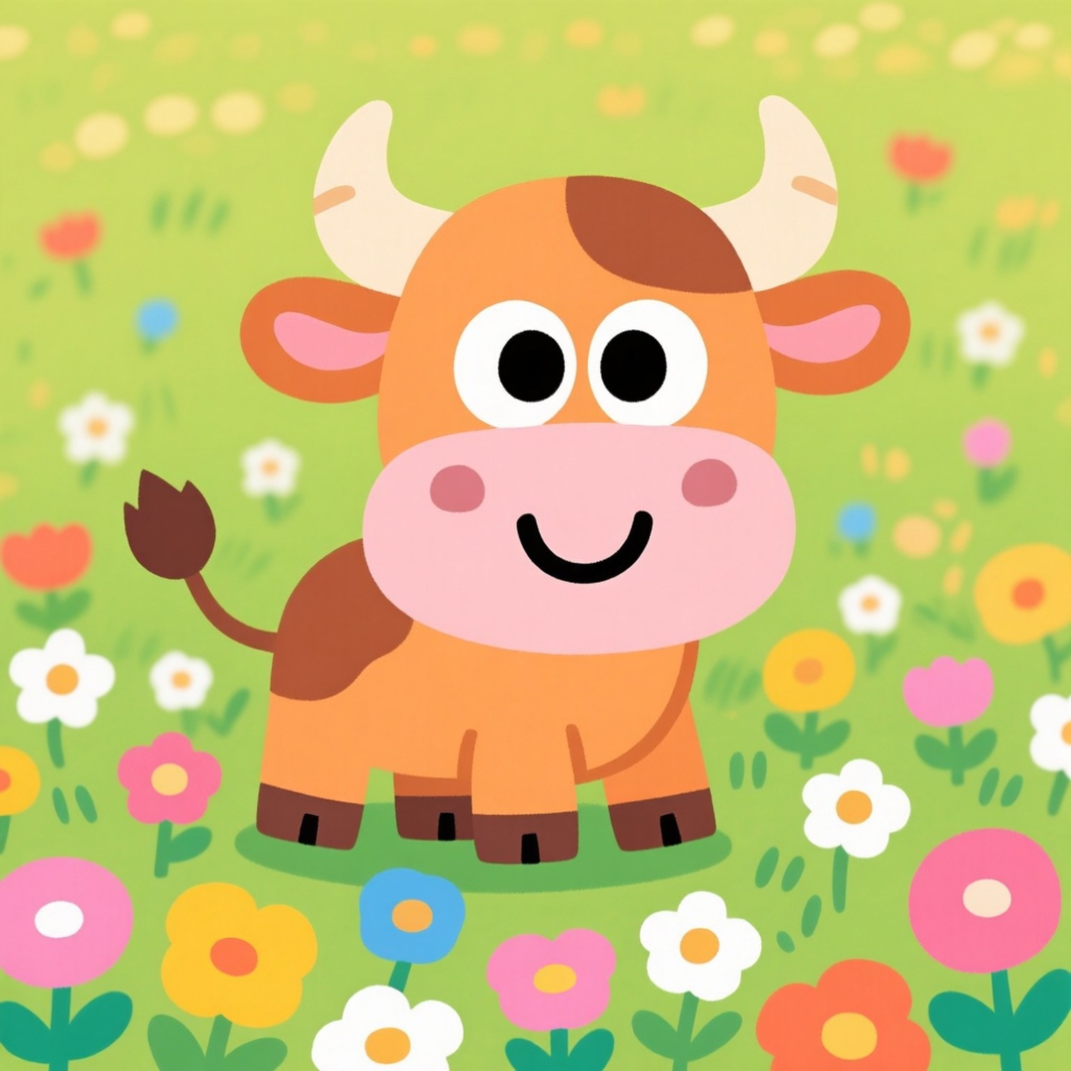 Cartoon Ox Wallpaper — A cheerful cartoon cow with big eyes and a smile stands in a vibrant field of colorful flowers.