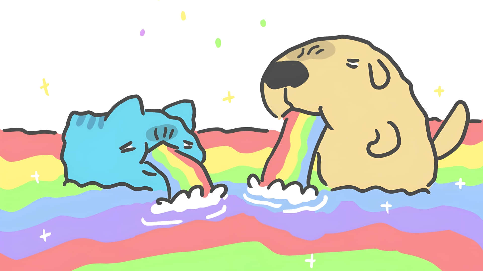Bugcat Capoo And Dog Rainbow Vomit Wallpaper