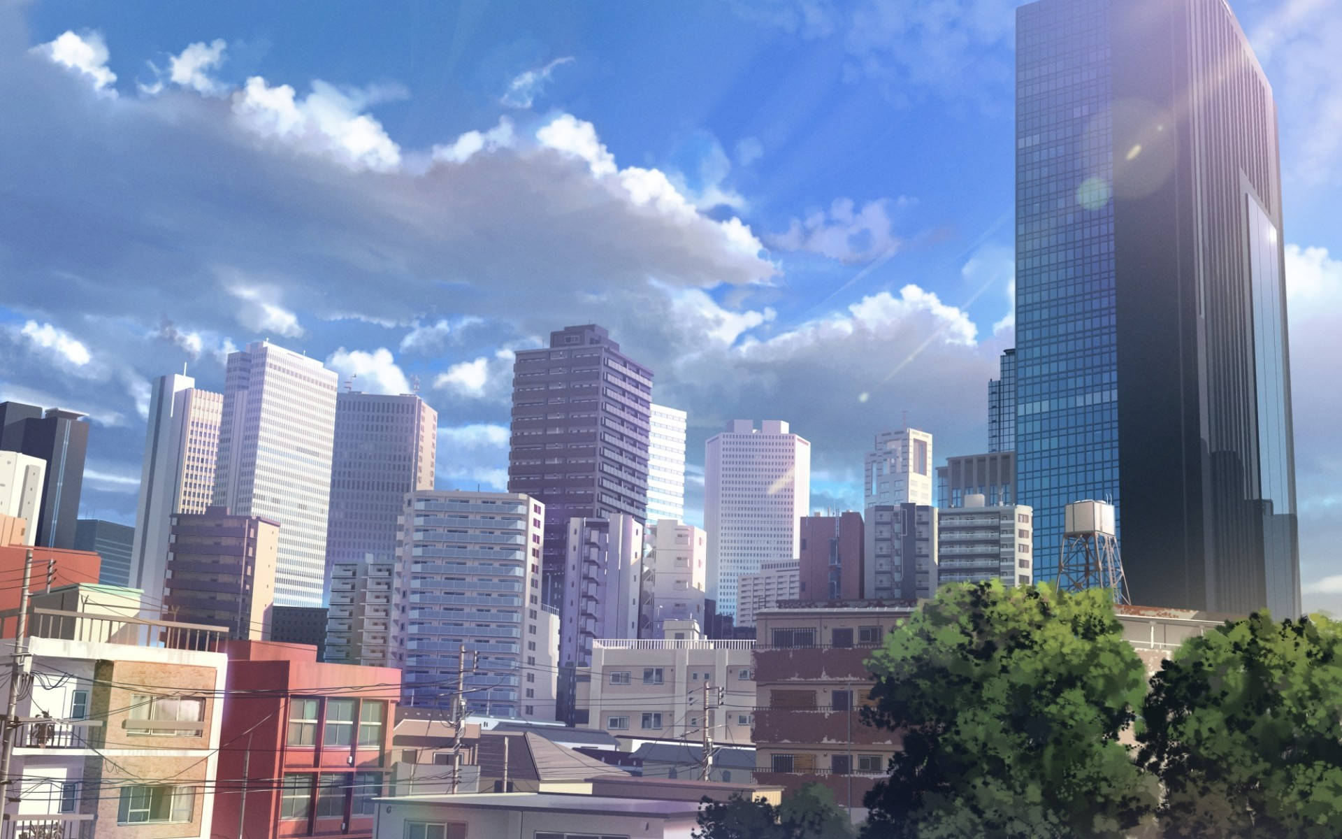 Buildings And Cloudy Sky Anime City Background Wallpaper