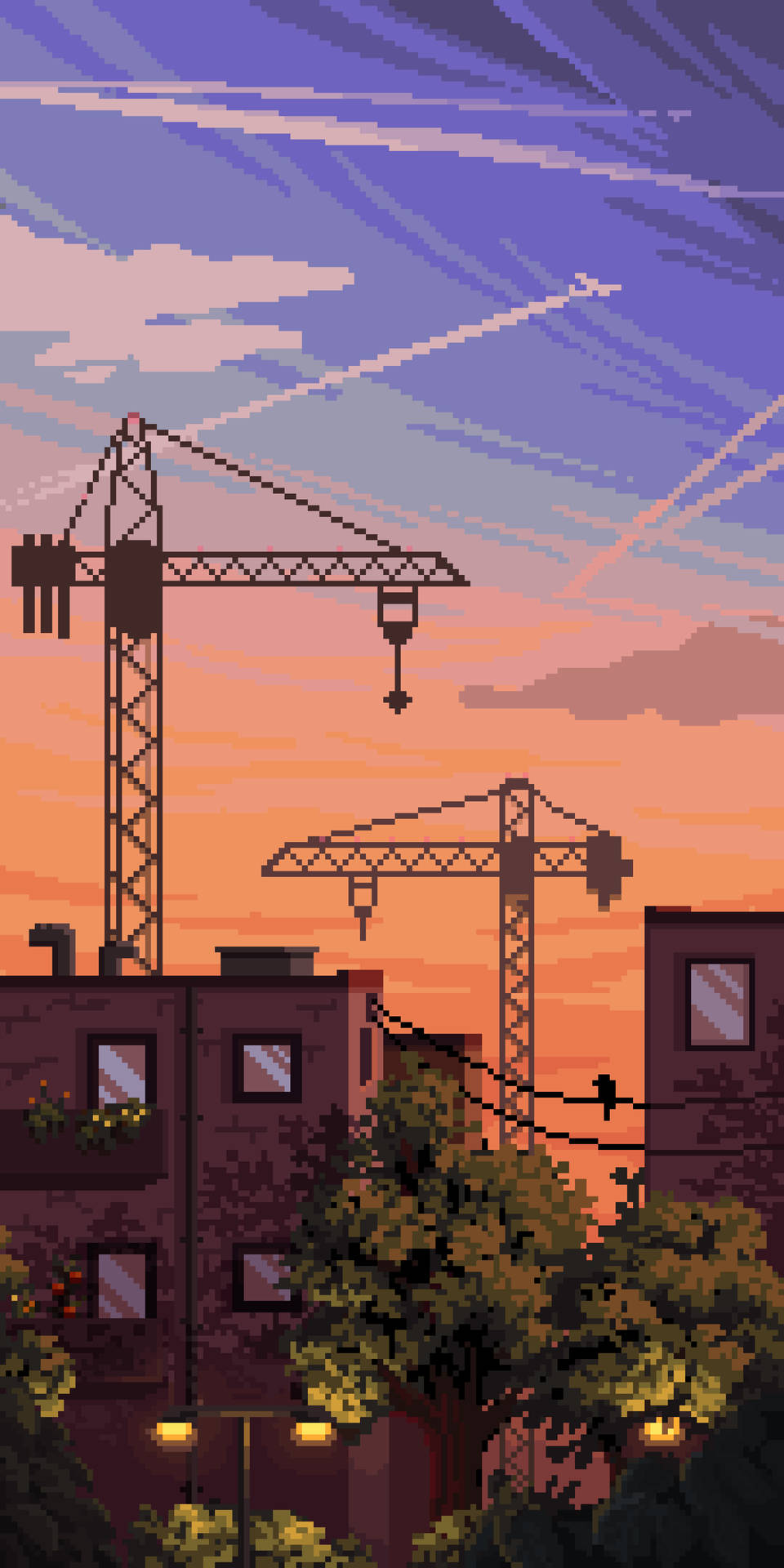 Buildings And Tower Cranes In Aesthetic Pixel Art Wallpaper