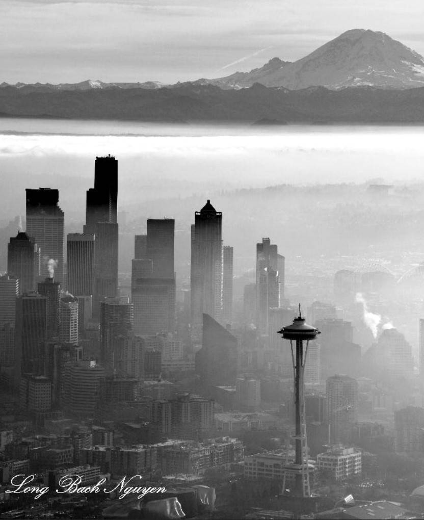Buildings In Seattle Rain And Fog Wallpaper