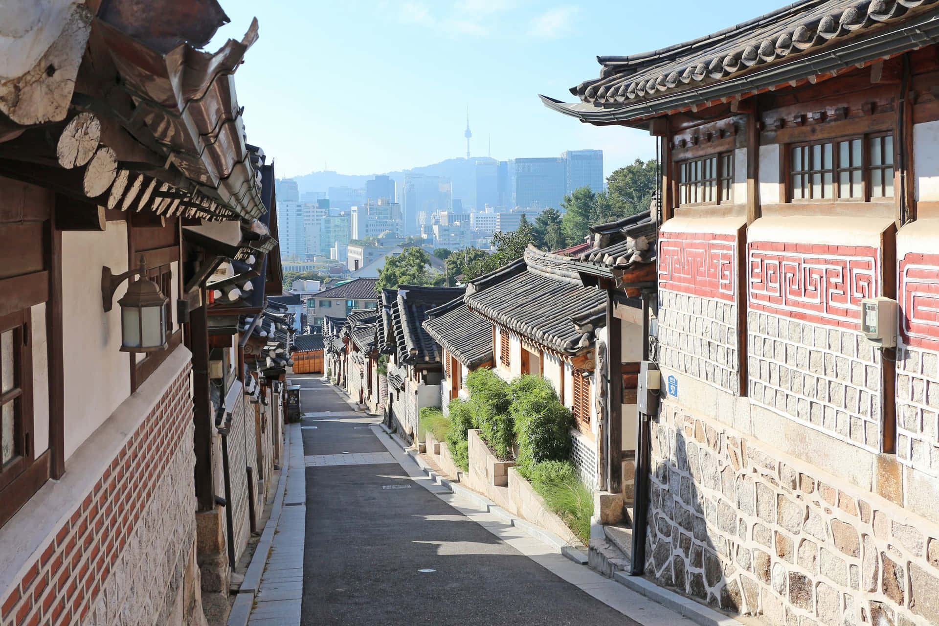 Bukchon Hanok Dorp Seoul Skyline Achtergrond