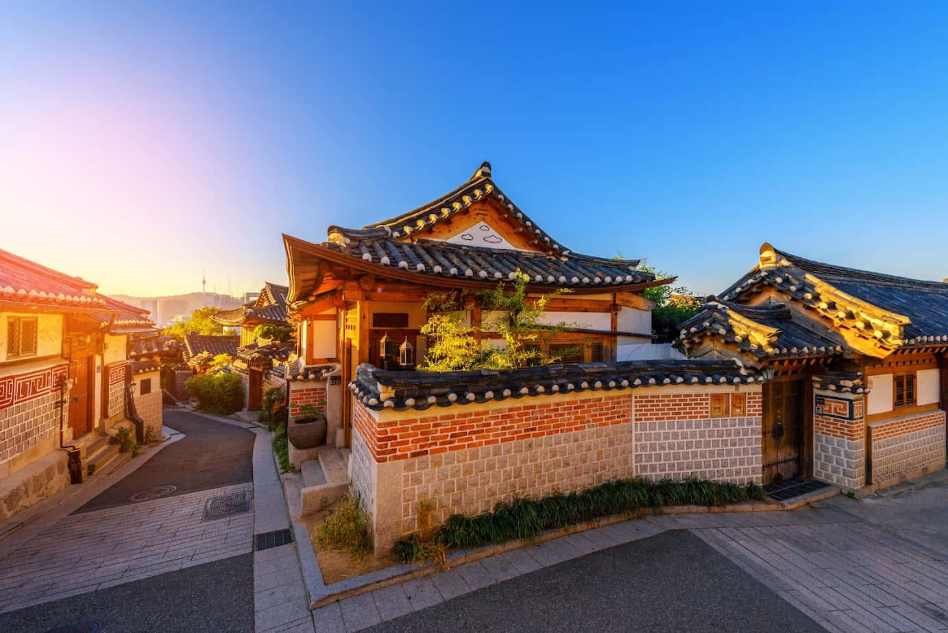 Bukchon Hanok Dorp Zonsondergang Achtergrond