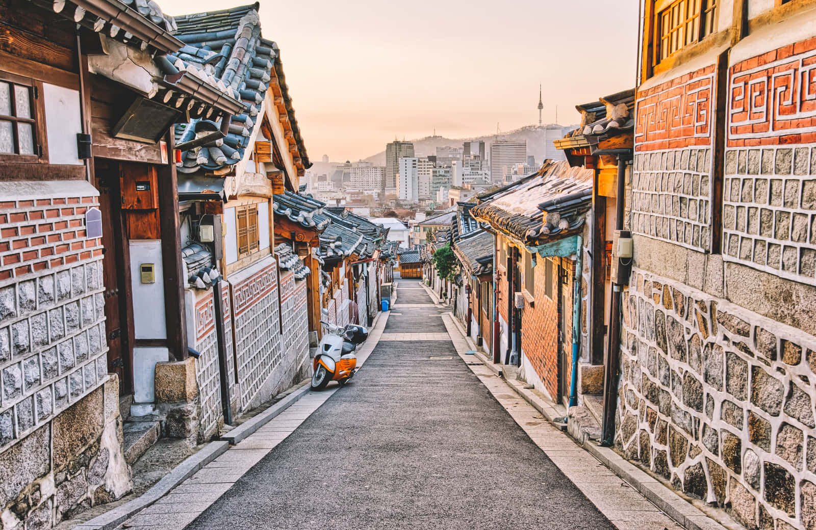 Bukchon Hanok Dorp Zonsondergang Achtergrond