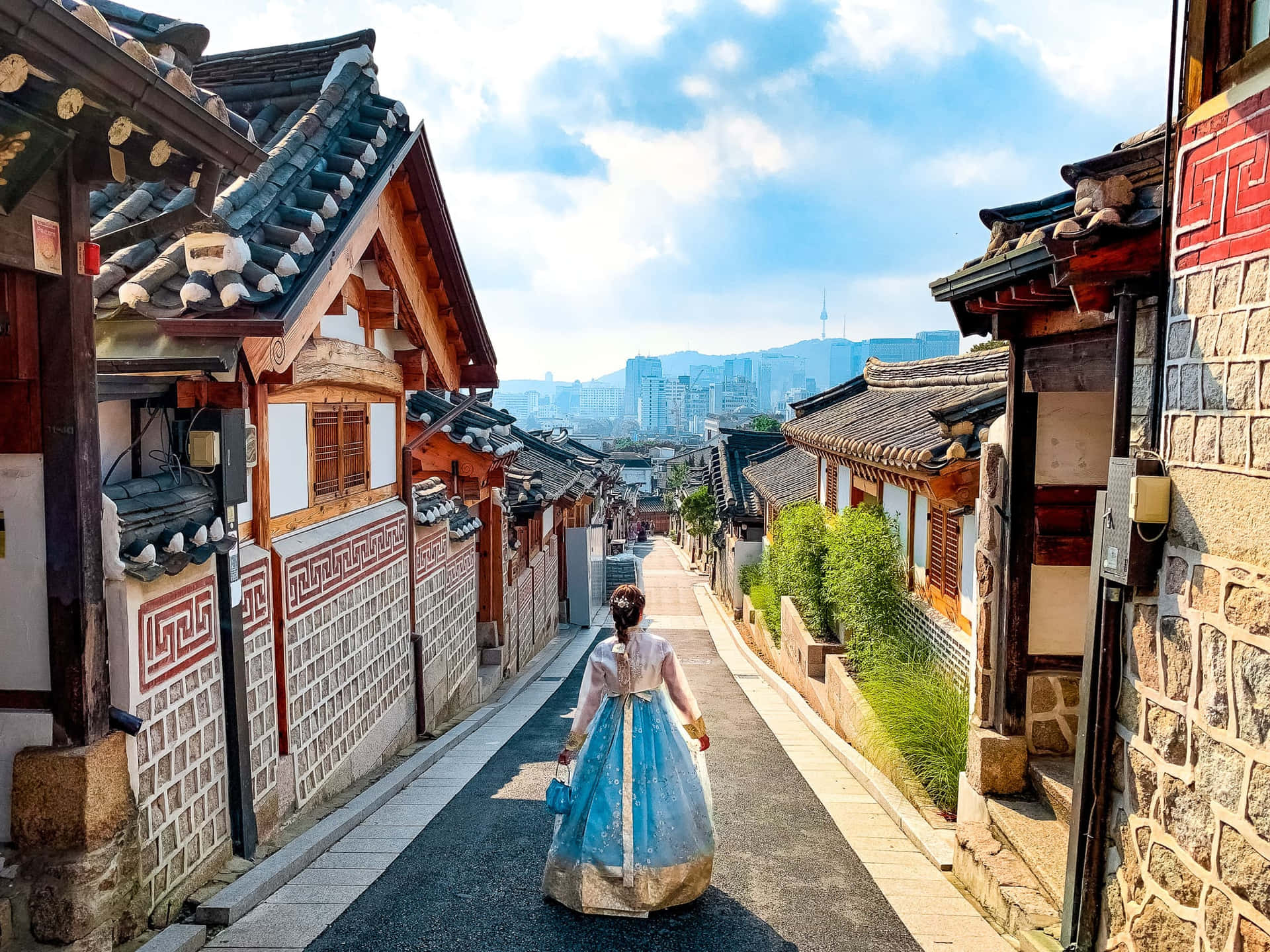 Bukchon Hanok Dorp Traditionele Koreaanse Kleding Achtergrond