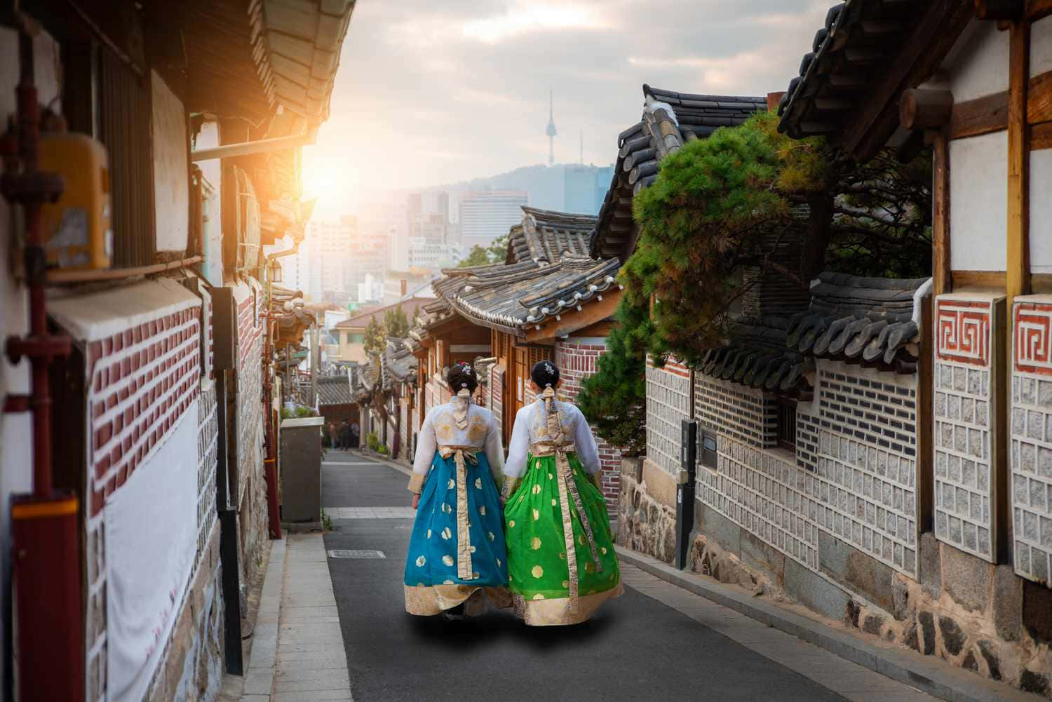 Bukchon Hanok Dorp Traditionele Koreaanse Kleding Achtergrond