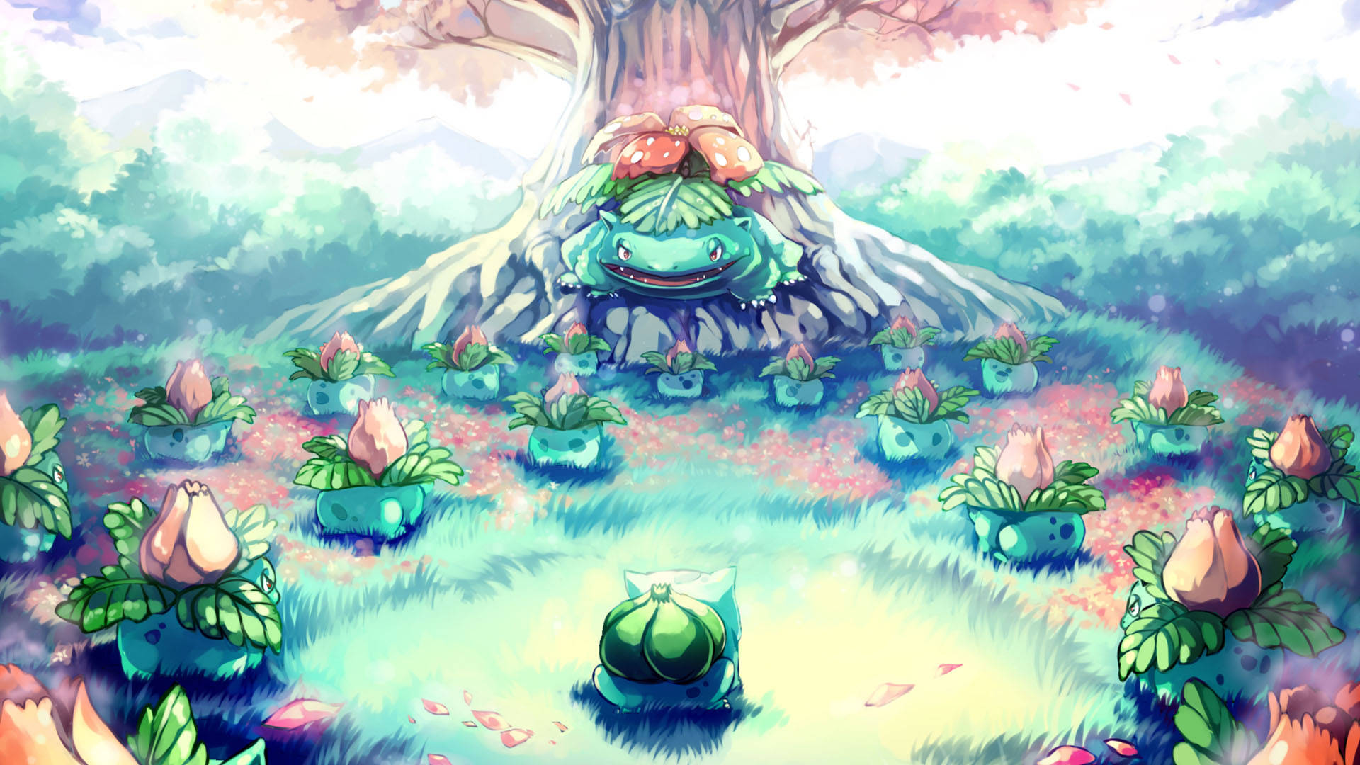 Bulbasaur Swinging On A Tree Branch In A Forest Wallpaper