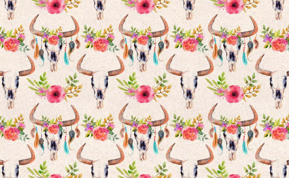 A Pattern With Cow Skulls And Flowers Wallpaper