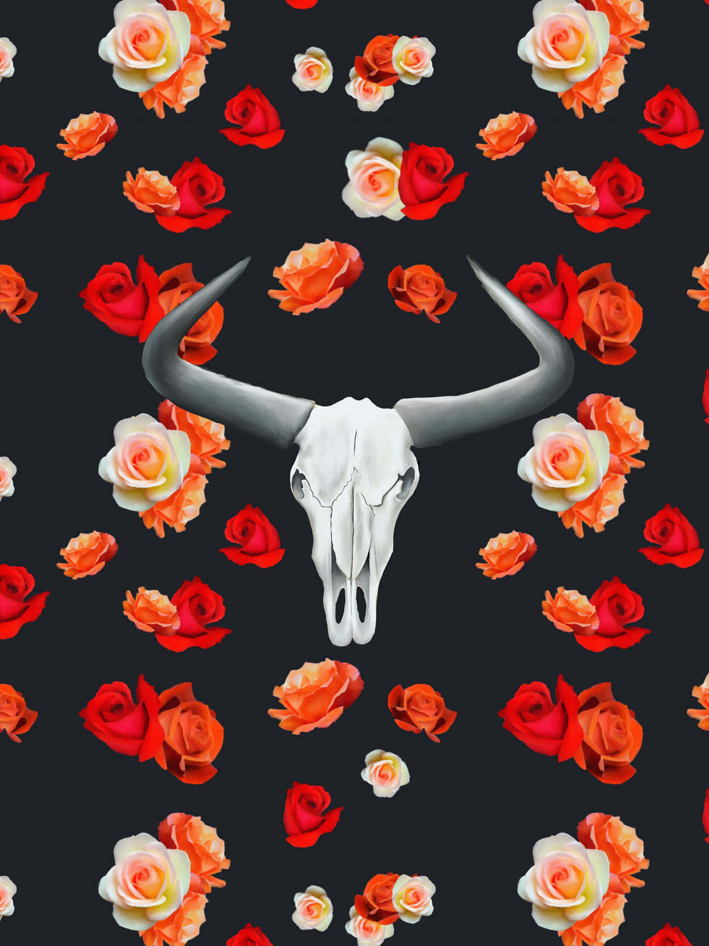 Bull Skull On Floral Pattern Wallpaper