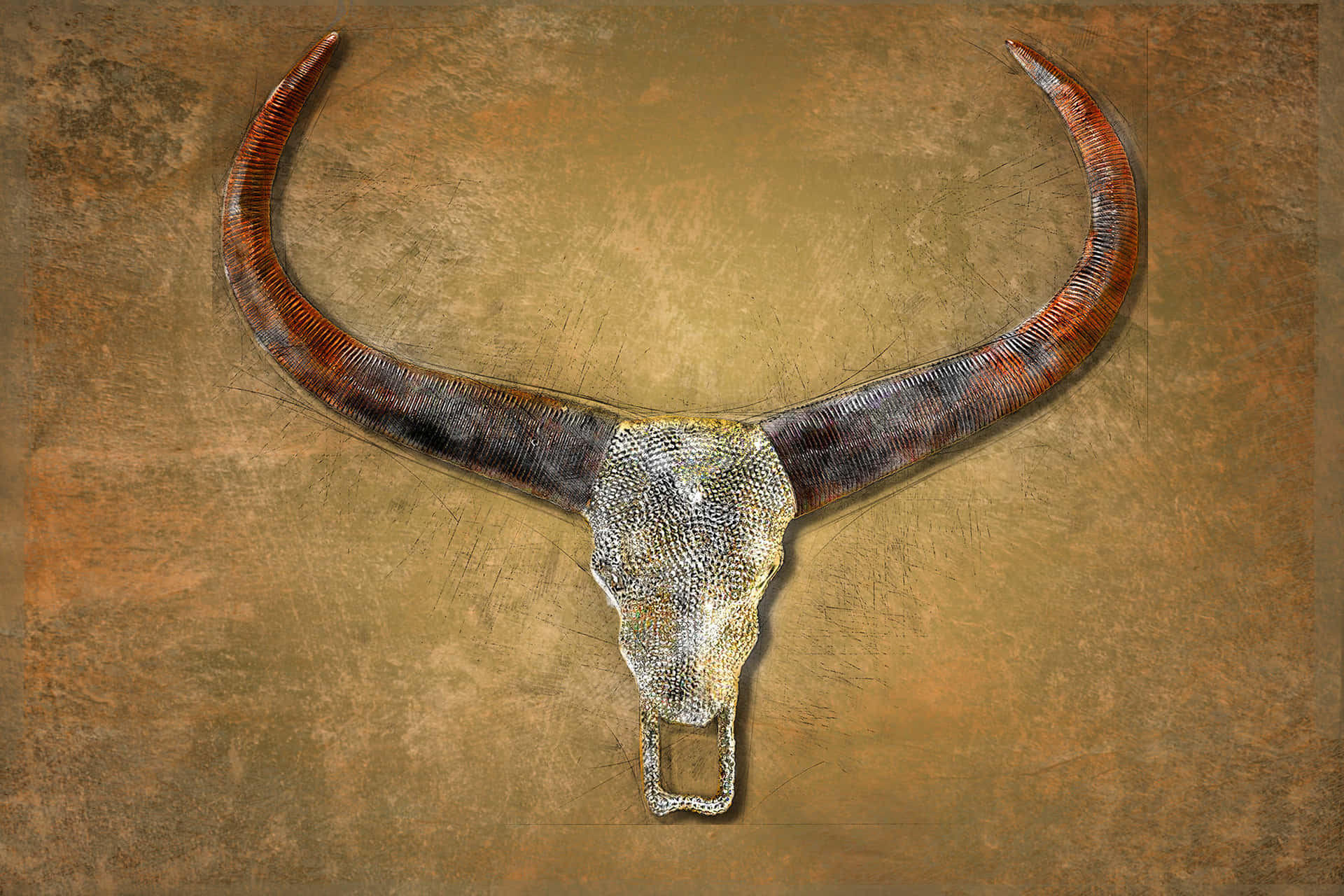 A Traditional Bull Skull Sitting On A Field Of Brown. Wallpaper