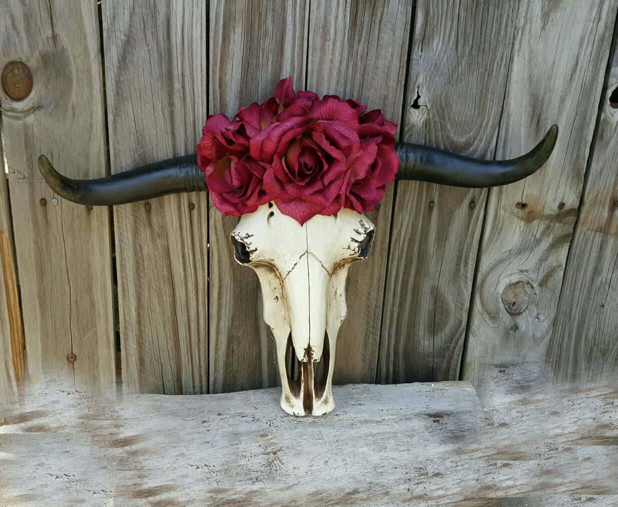 Bull Skull With Flower On Wooden Wall Wallpaper